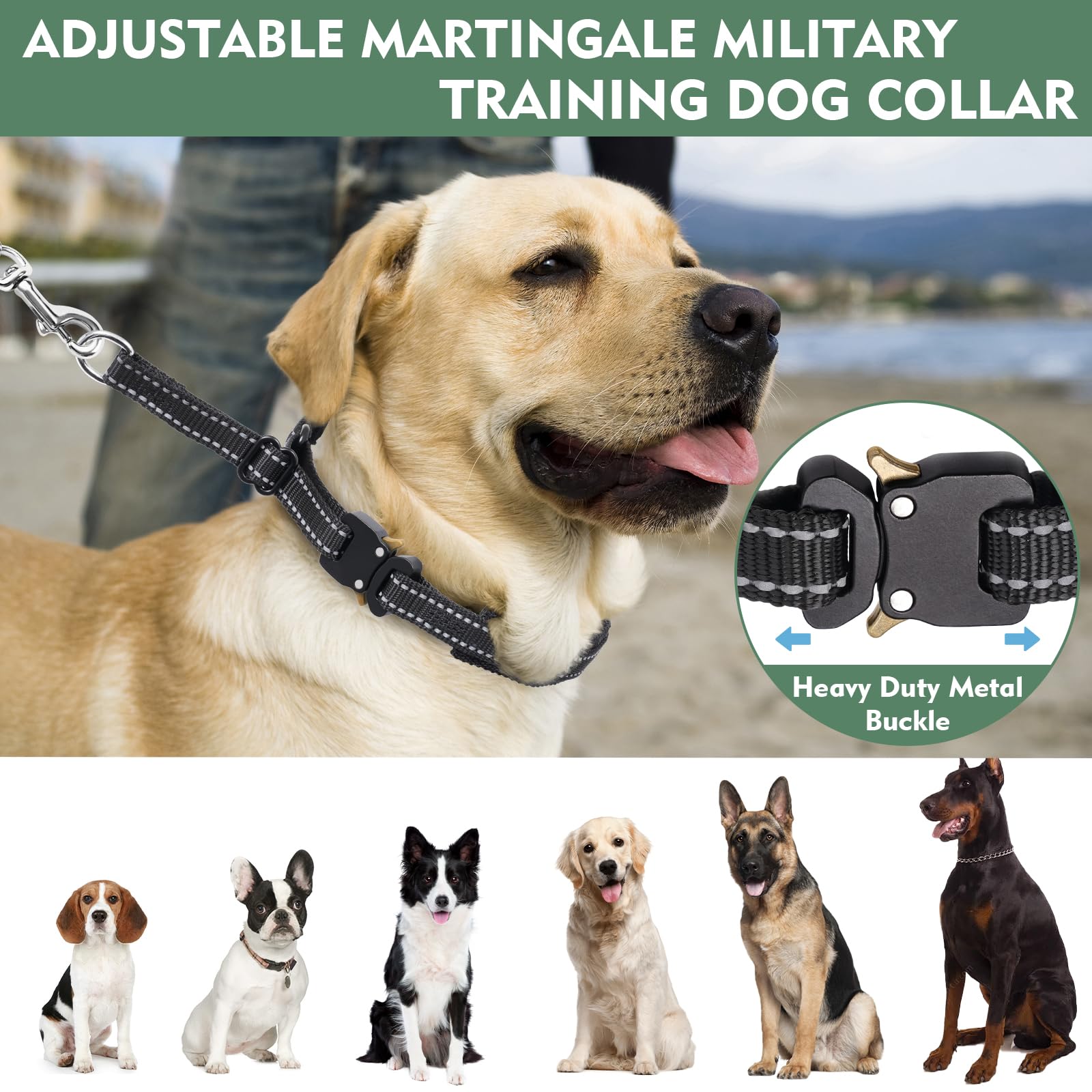 Martingale Dog Collar No Pull Training Collar - Adjustable Tactical Pet Collar with Heavy Duty Metal Buckle, Reflective Nylon Military Design for Small Medium Large Breed Dogs - Perfect for Walking, Hiking & Outdoor Adventures