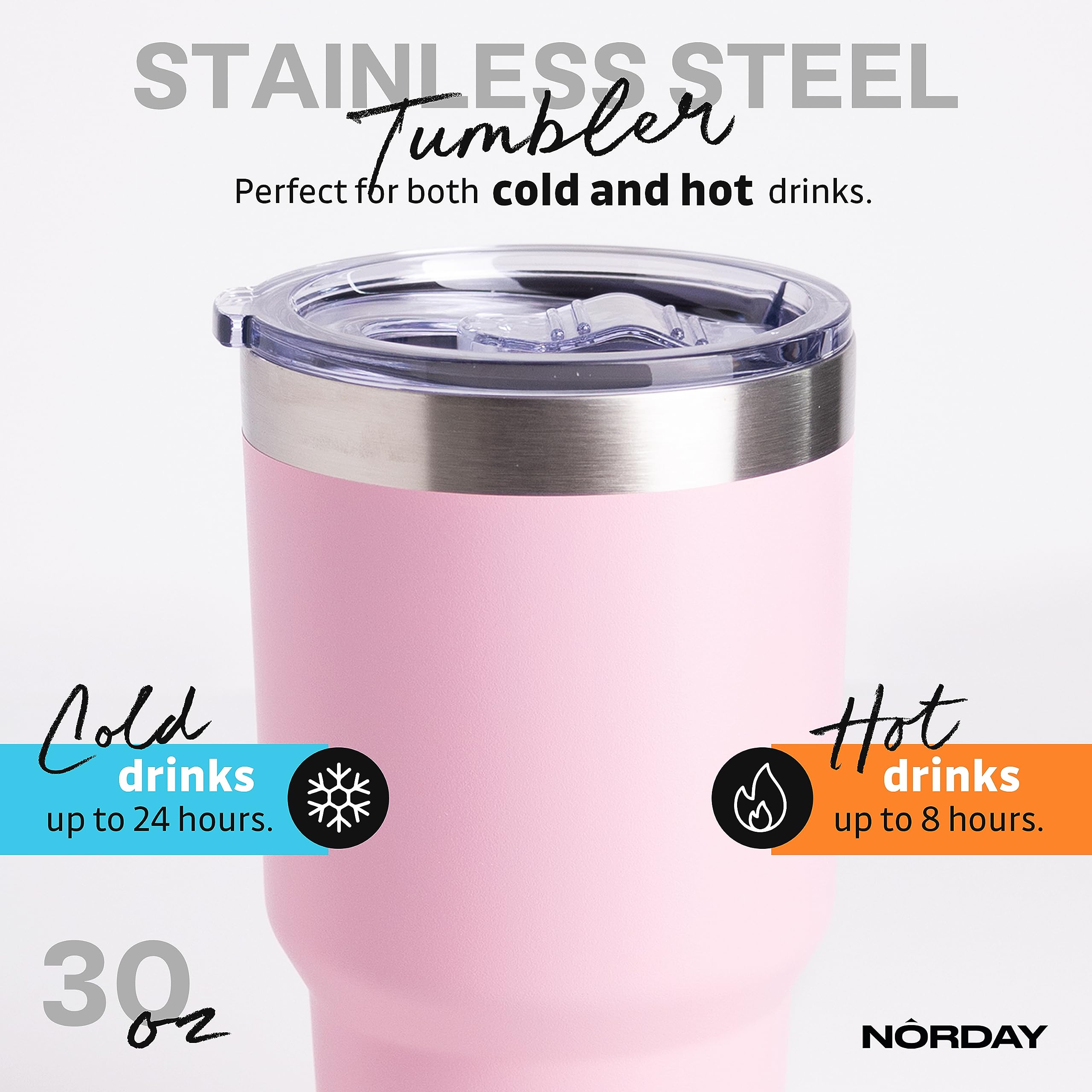 NORDAY 30oz Insulated Stainless Steel Tumbler with Lid - Double Wall Vacuum Travel Coffee Mug - Keeps Hot/Cold for 24 Hours - Light Pink - Leakproof Spill Resistant Design - Perfect for Car Cup Holder, Office, Gym & Outdoor Activities