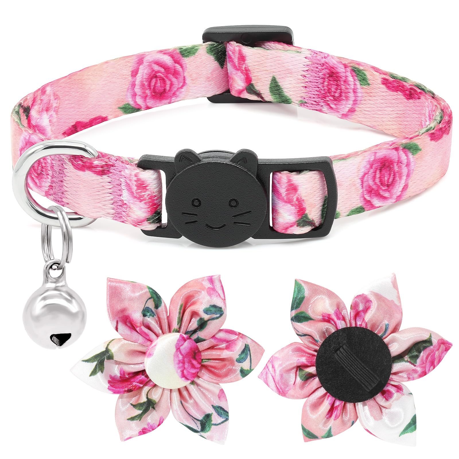 Floral Rose Cat Bowtie Collar with Bells - Adjustable Breakaway Kitten Collar for Halloween, Parties & Special Occasions - Pink Pet Accessories for Girl Cats & Puppies
