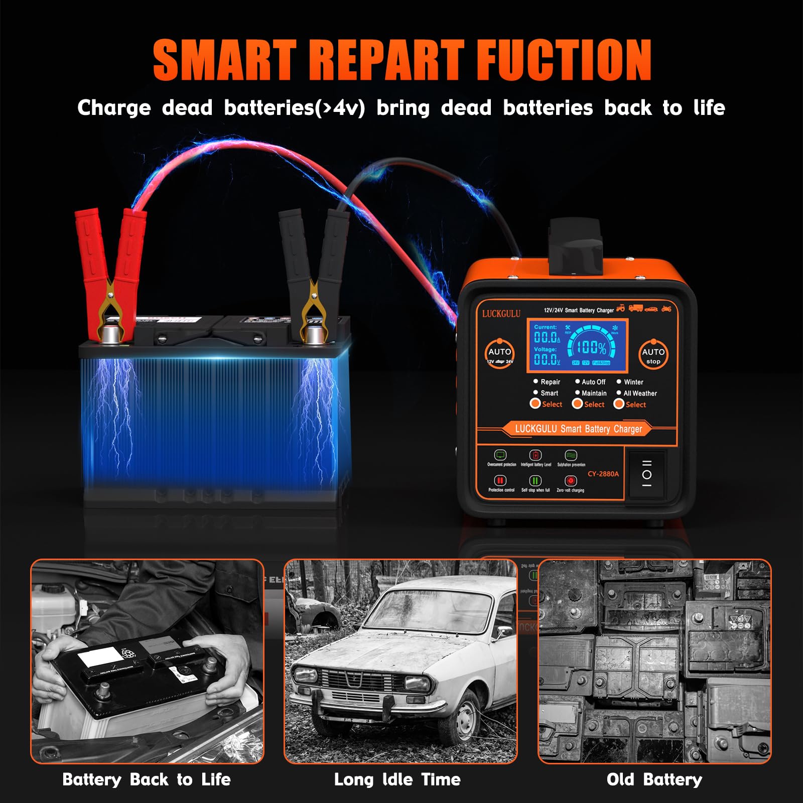 12V/24V Smart Car Battery Charger with Auto Shutoff - for Cars, Boats, Motorcycles