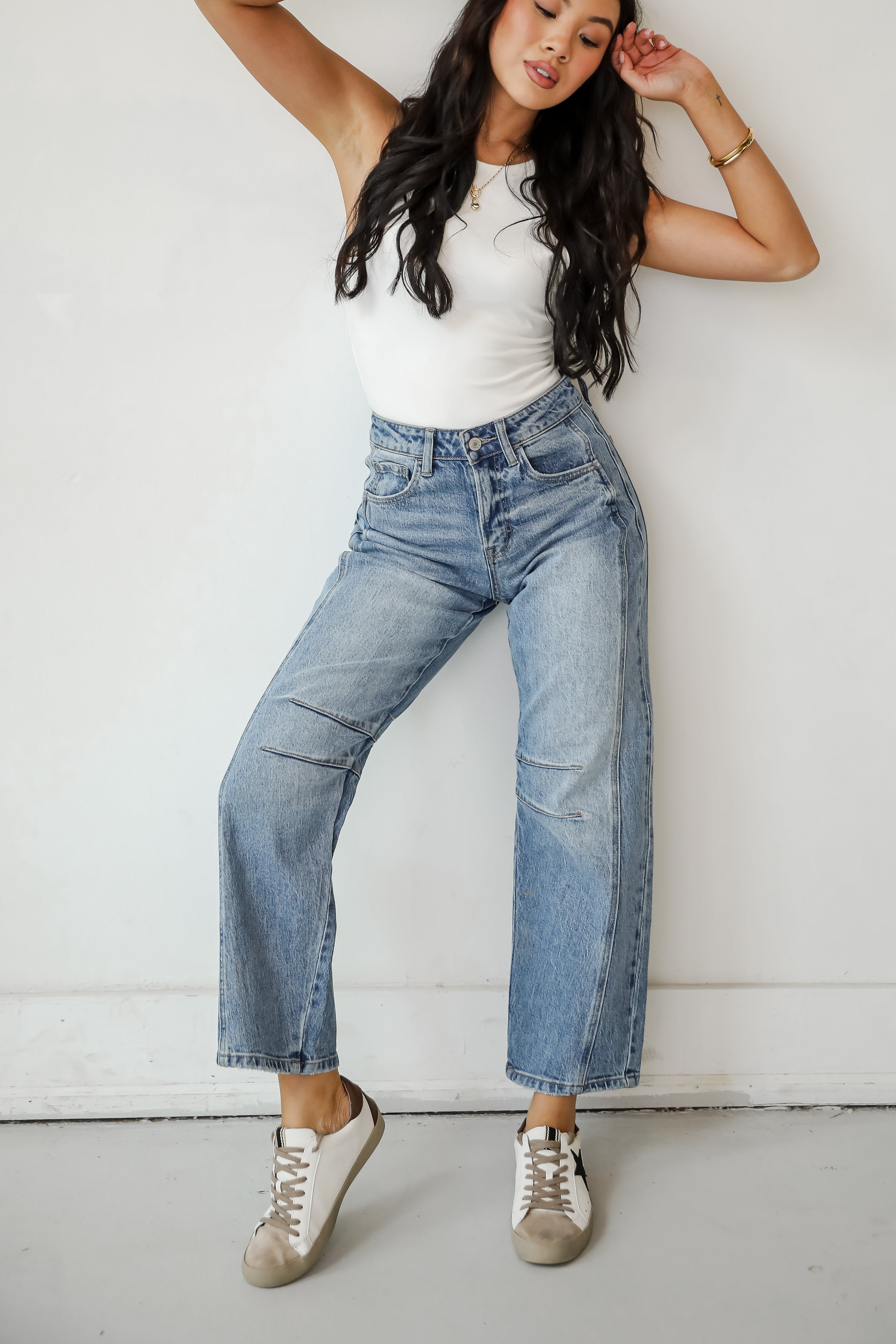 Addy Medium Wash High Rise Barrel Jeans for Women - Vintage Inspired Stretch Denim Pants for Casual Wear & Everyday Outfits