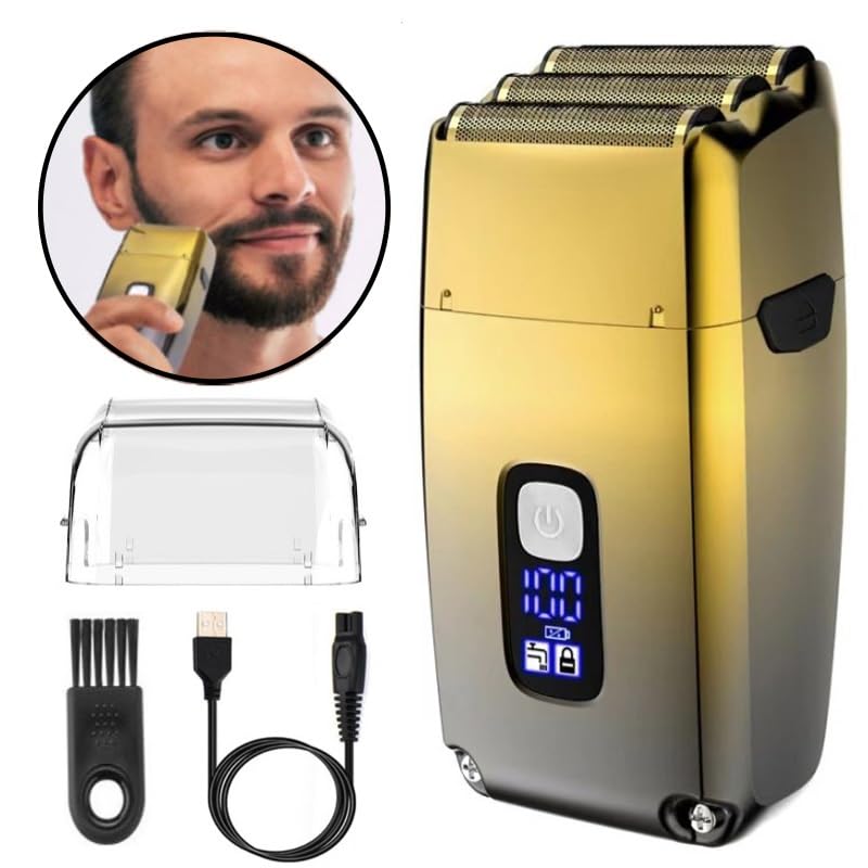 Premium Rechargeable Electric Razor for Men - 3-Blade Wet/Dry Shaver with Powerful Motor for Beard & Head Shaving - Golden Box (Ideal for Travel, Gym & Daily Grooming)