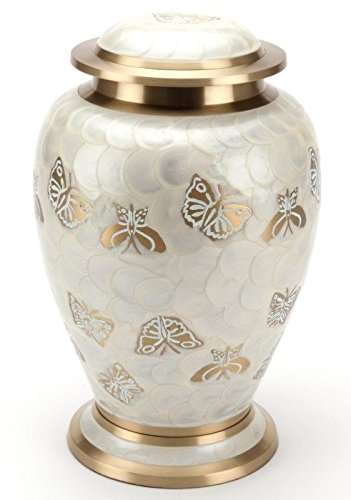 Personalized Butterfly Cremation Urn - Pearl White & Gold Adult Human Urn with Matching Keepsake & Velvet Bags for Memorial Services & Home Display