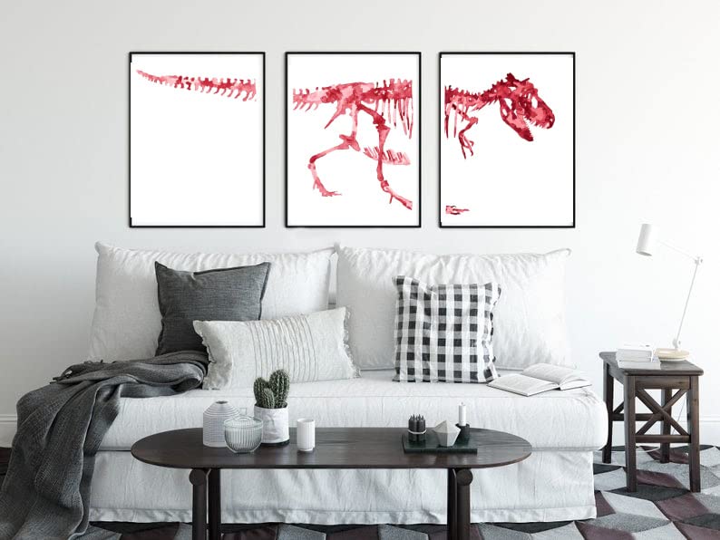 Set of 3 Red Dinosaur Skeleton Wall Art Prints - T-Rex Bones Watercolor Painting Poster (8x10 Inches) for Nursery, Kids Room Decor & Dinosaur Theme Party