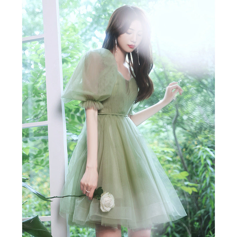 Elegant Green Tulle Short Prom Dress with Short Sleeves - Perfect for Homecoming, Party, and Special Occasions | Flattering A-Line Silhouette for Teens and Juniors | Available in Size 173
