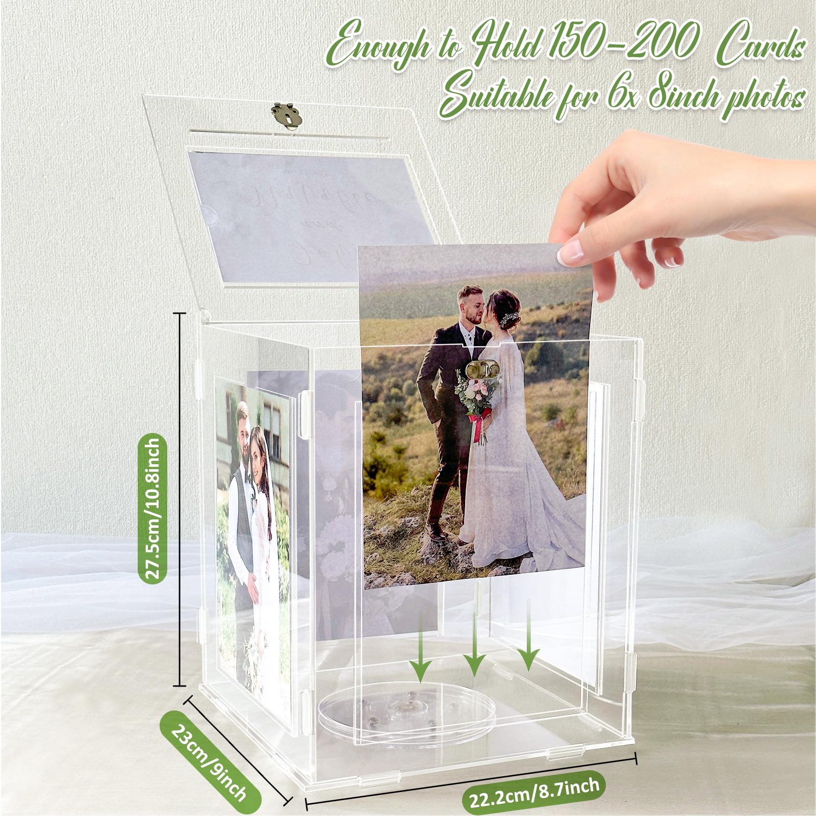 Acrylic Wedding Card Box with Picture Frame - Clear Rotatable Money Gift Card Holder with Lock for Wedding Reception, Graduation, Birthday & Baby Shower - Perfect for Secure Cash & Gift Storage at Special Events