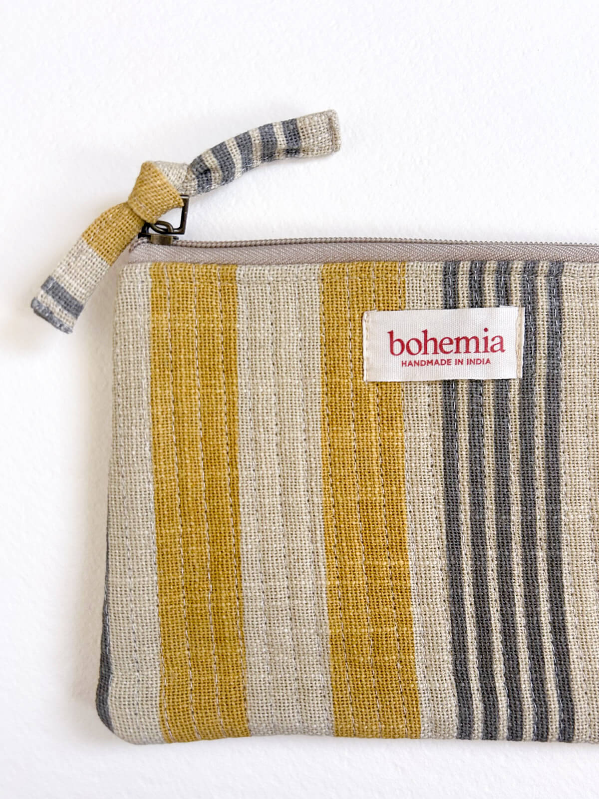 Jaipur Stripe Medium Pouch in Vibrant India Yellow | Handmade Cotton Storage Bag for Travel, Makeup & Jewelry Organization