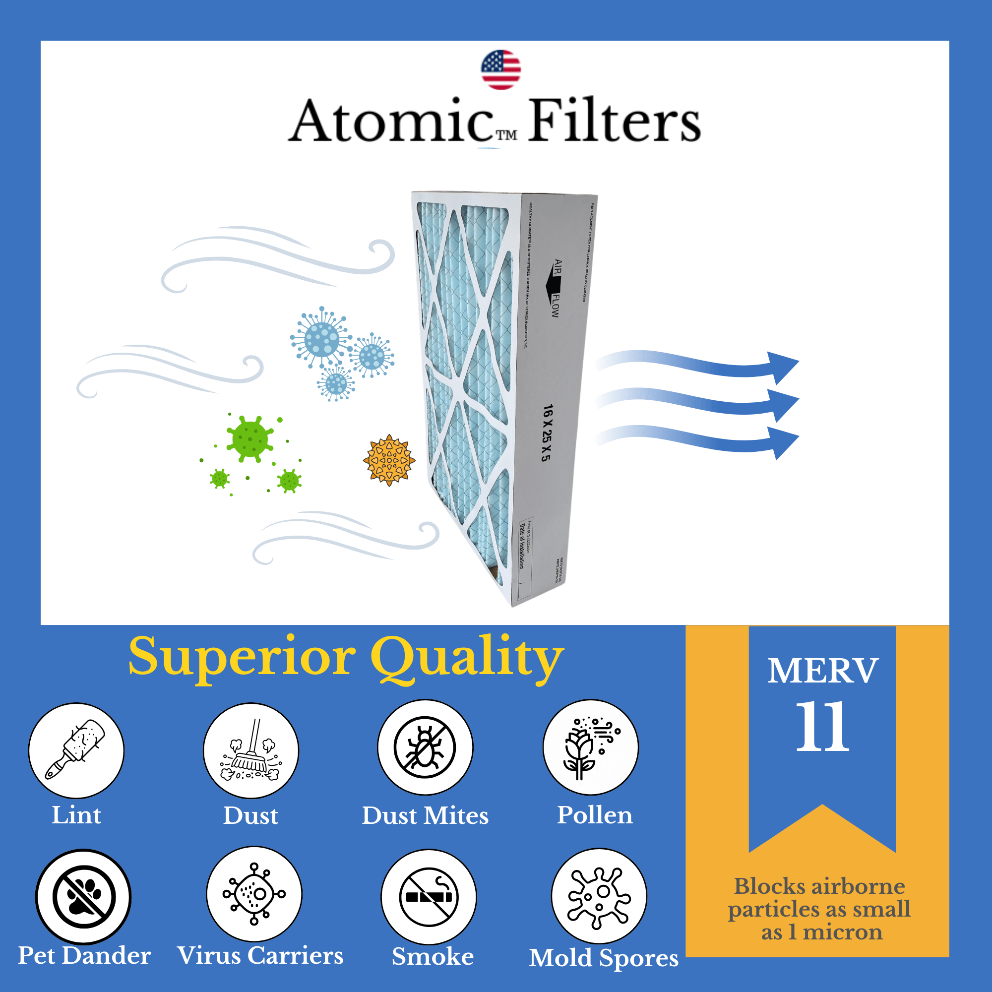 Atomic EXPXXFIL0016 16x25x5 MERV 11 Air Filter 2-Pack – Replacement for Carrier HVAC Systems | Perfect for Home, Office & Commercial Use