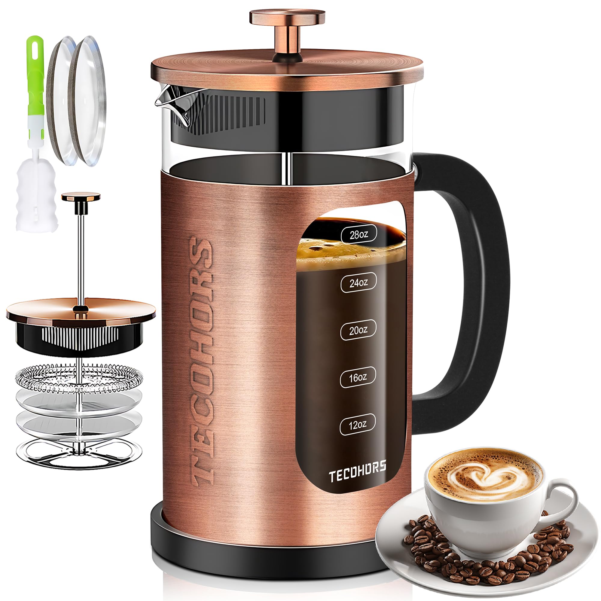 Premium 34oz French Press Coffee Maker - 304 Stainless Steel with 4 Filters, Heat-Resistant Borosilicate Glass - Perfect for Home, Office & Camping Coffee Brewing (Copper)