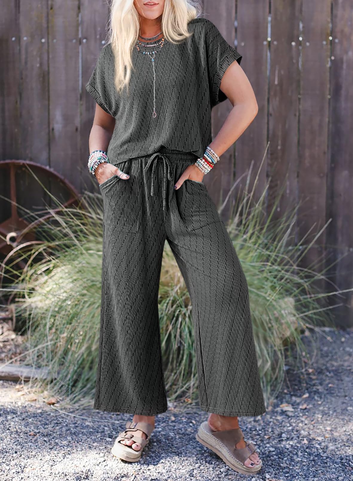 Dokotoo Women's 2-Piece Casual Outfit - Short Sleeve Summer Top & High Waist Wide Leg Pants Lounge Set | Comfortable Loungewear for Home, Travel & Vacation
