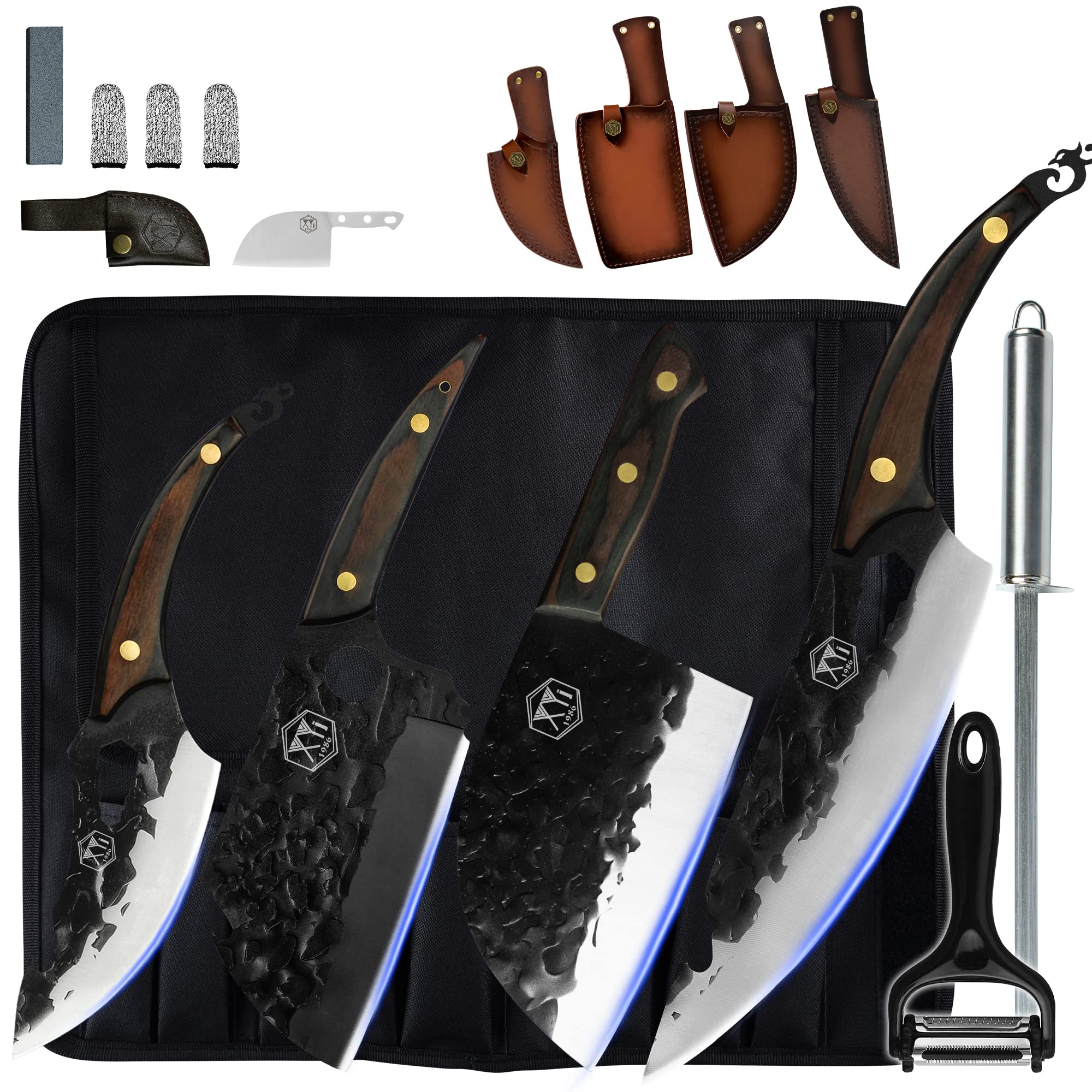 XYJ Professional Chef Knife Set Since 1986 - High Carbon Steel Full Tang Kitchen Knives for Cooking, Slicing & Butchering with Sheath & Carry Bag | Perfect for Home Chefs, Camping & Culinary Enthusiasts