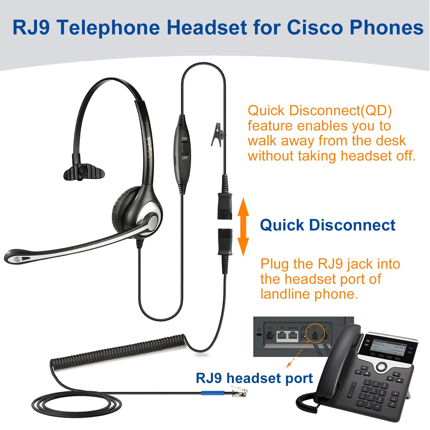 Wantek Noise Cancelling Phone Headset with Microphone - RJ9 Quick Disconnect Cord for Cisco IP Phones 6851 7821 7841 7861 7941 7942 7945 7962 7965 8811 8841 8845 8851 - Perfect for Call Centers, Office Communications & Remote Work