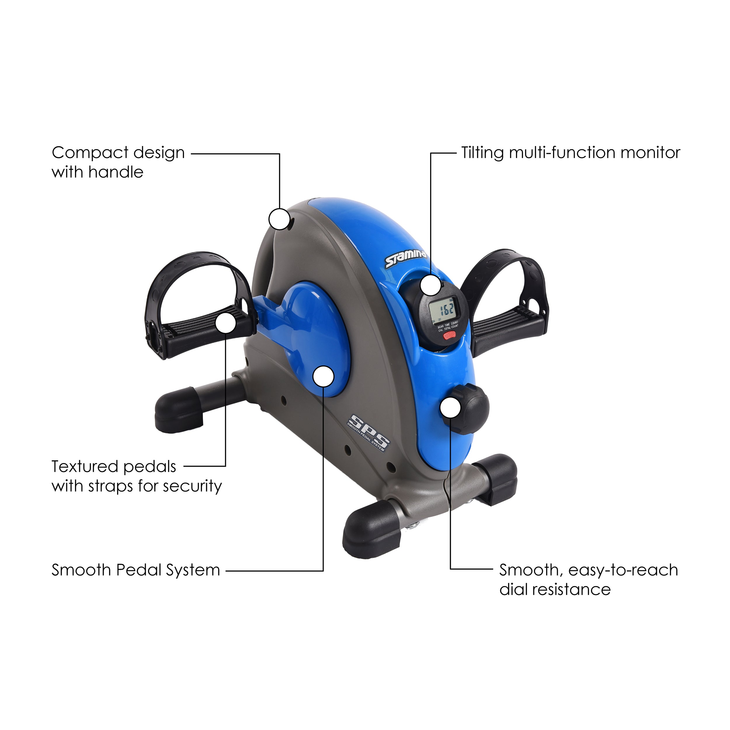 Stamina Mini Exercise Bike with Smooth Pedal System - Portable Under Desk Pedal Exerciser for Home & Office Workouts - Blue