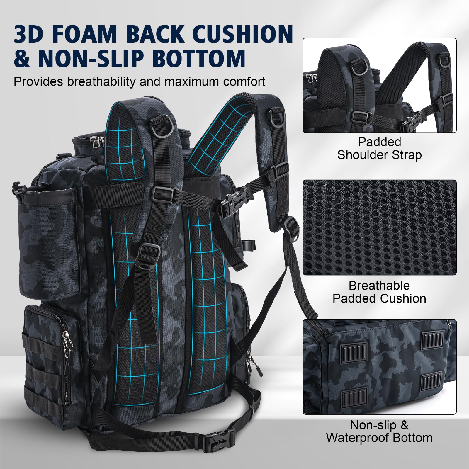 Goture 45L 600D Fishing Backpack with 4 Tackle Boxes & Rod Holders - Large Waterproof Fishing Gear Storage Bag with 8 Lure Pockets & Rain Cover - Perfect for Camping, Hiking, Bass Fishing & Outdoor Adventures