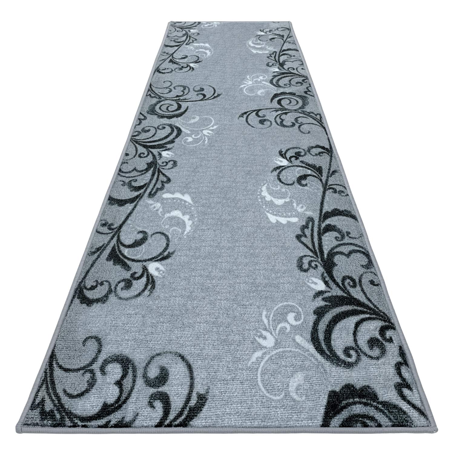 Non-Slip Carpet Runner with Elegant Scroll Design - Silver Gray - 12ft x 26in - Perfect for Hallways, Stairs & High-Traffic Areas - Home Safety & Decorative Floor Covering
