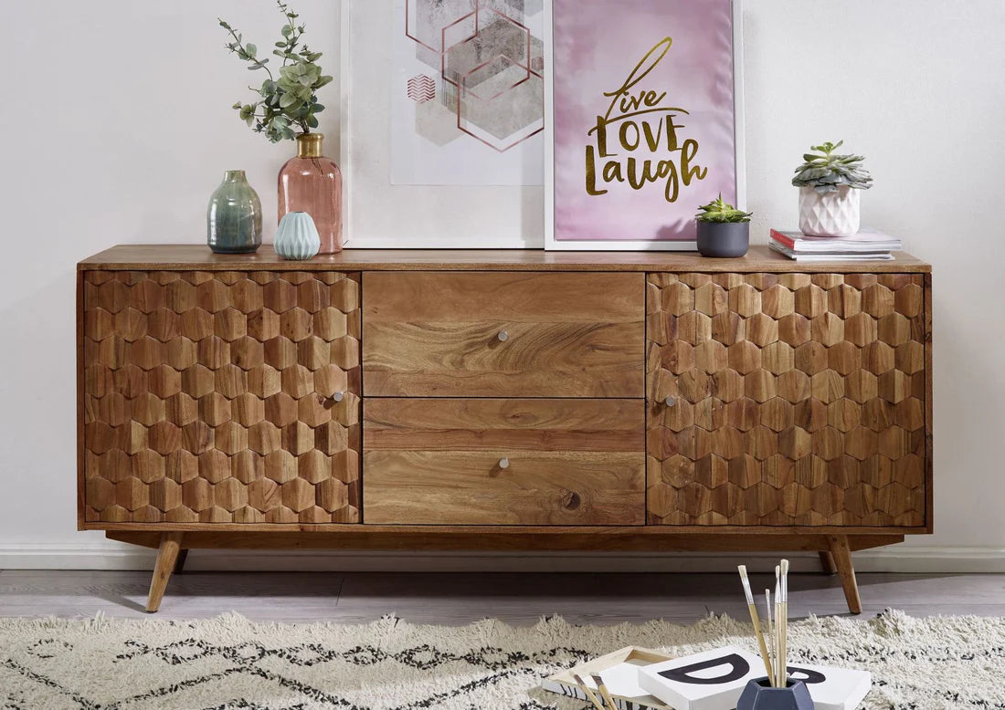Gfine Solid Acacia Wood Sideboard - 2 Doors & 2 Drawers, 180x42x75cm - Perfect for Living Room Storage & Dining Room Buffet