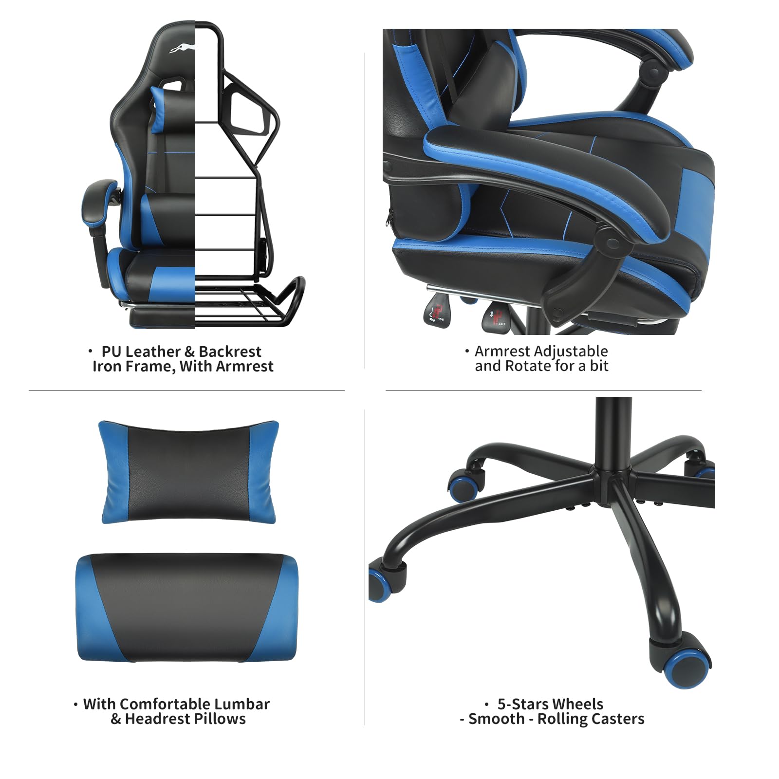 Premium Leopard Print Gaming Chair with Adjustable Footrest & Lumbar Support - Ergonomic Computer Game Chair for PC, Console Gaming, Office & Home - Height Adjustable Racing Style Chair (Black/Blue) - Perfect for Esports, Streaming & Long Work Sessions