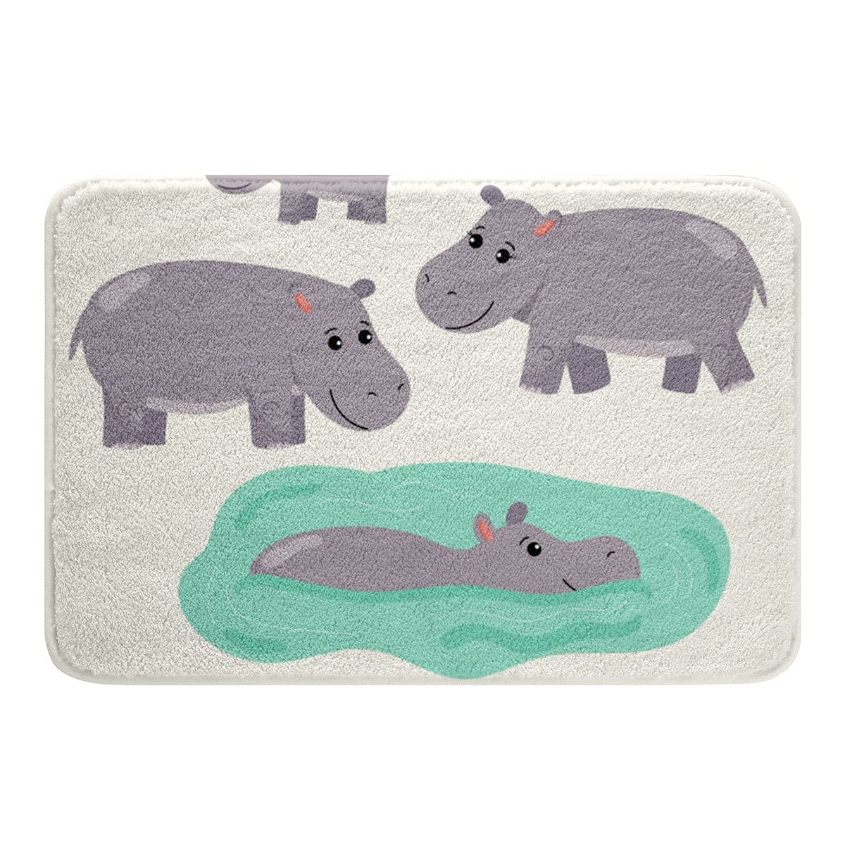 **Hippo Cartoon Super Plush Bath Mat - Soft Non-Slip Shower Rug with Wild Animals Pond Print, Machine Washable Bathroom Floor Mat for Kids & Adults, Grey & White 20
