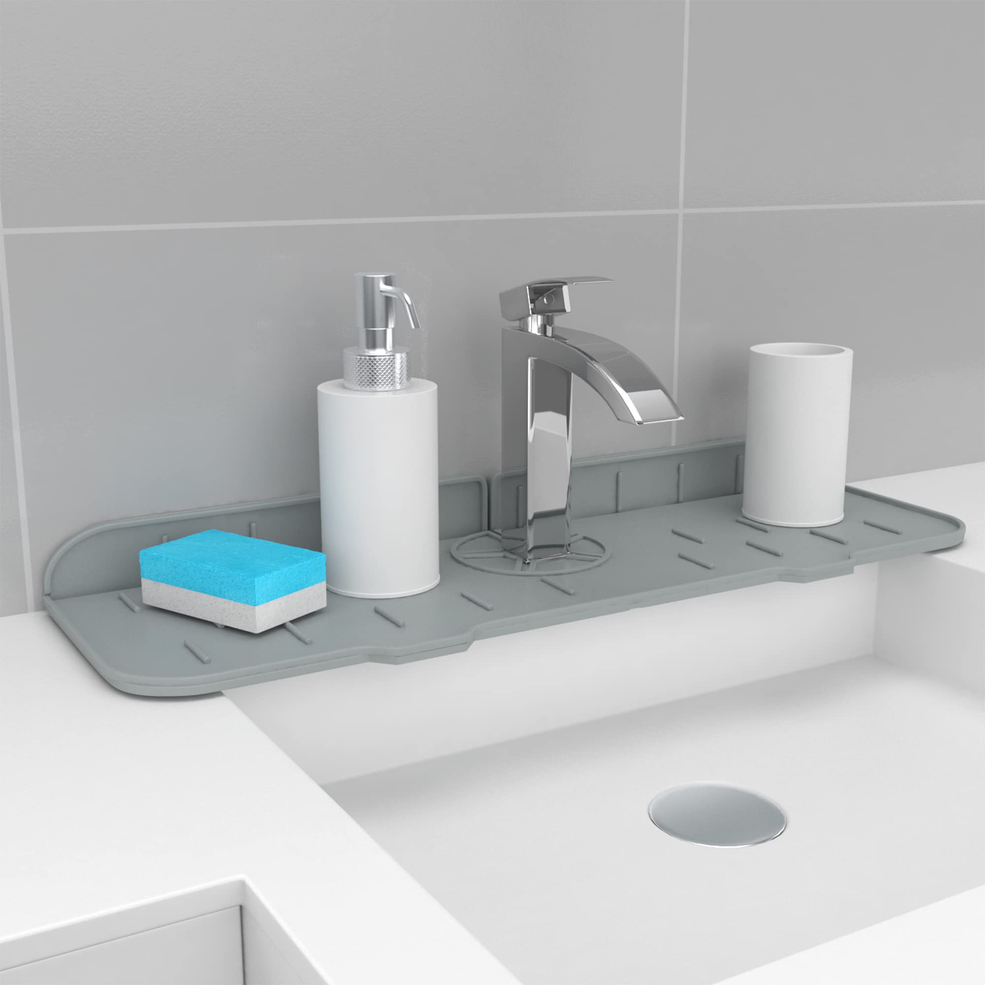 Non-Slip Silicone Faucet Mat - Drip Catcher & Splash Guard for Kitchen & Bathroom Sink - Foldable, Gray - Perfect for Preventing Water Spills & Protecting Countertops