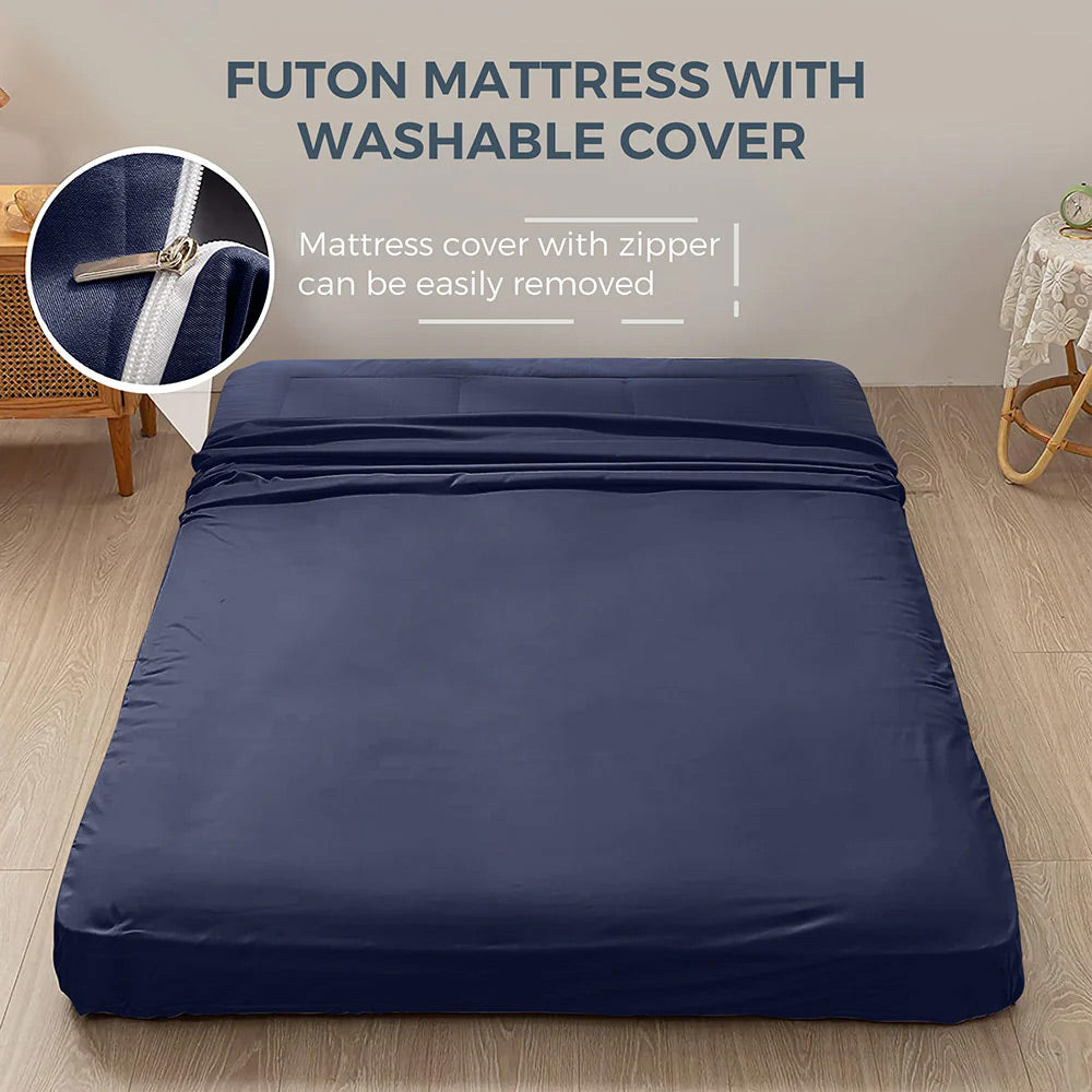 MAXYOYO 8-Inch Thick Japanese Futon Mattress - Navy Blue Square Quilting Floor Bed | Perfect for Small Spaces, Guest Rooms & Minimalist Home Decor