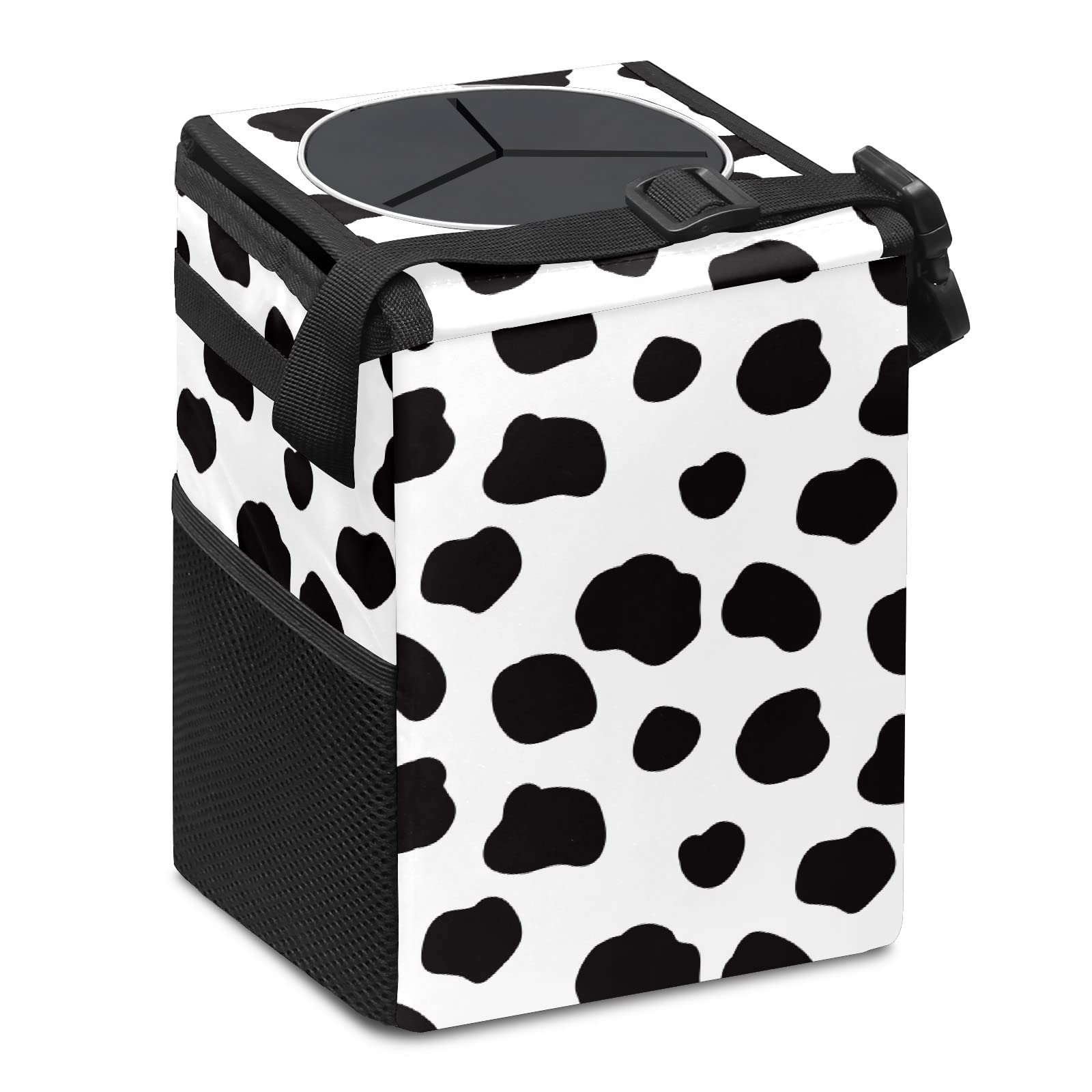 Black and White Cow Print Collapsible Car Trash Can with Lid - Reusable Waterproof Auto Garbage Bin for Car, Truck & SUV - Perfect for Road Trips, Commuting & Keeping Vehicle Interior Clean