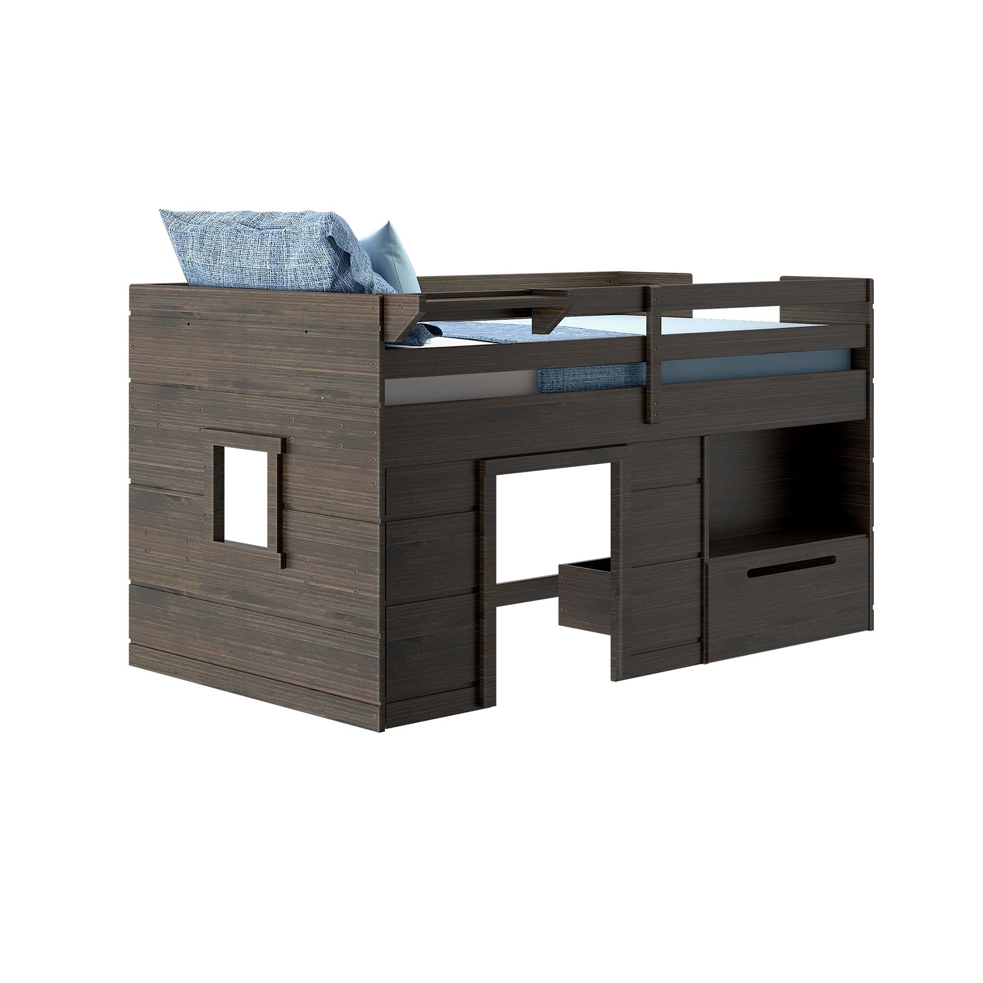 Max & Lily Twin Size Solid Wood Low Loft Bed with Storage Drawer & Ladder - Modern Farmhouse Kids Loft Bed in Barnwood Brown - Perfect for Small Bedrooms, Dorm Rooms & Space-Saving Kids' Furniture