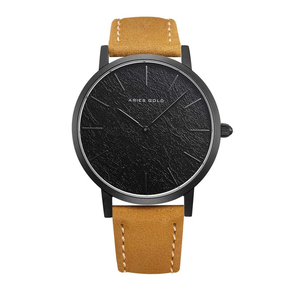 ARIES GOLD URBAN SANTOS Black Stainless Steel Women's Watch with Brown Leather Strap - Fashionable Timepiece for Casual Wear, Office & Special Occasions