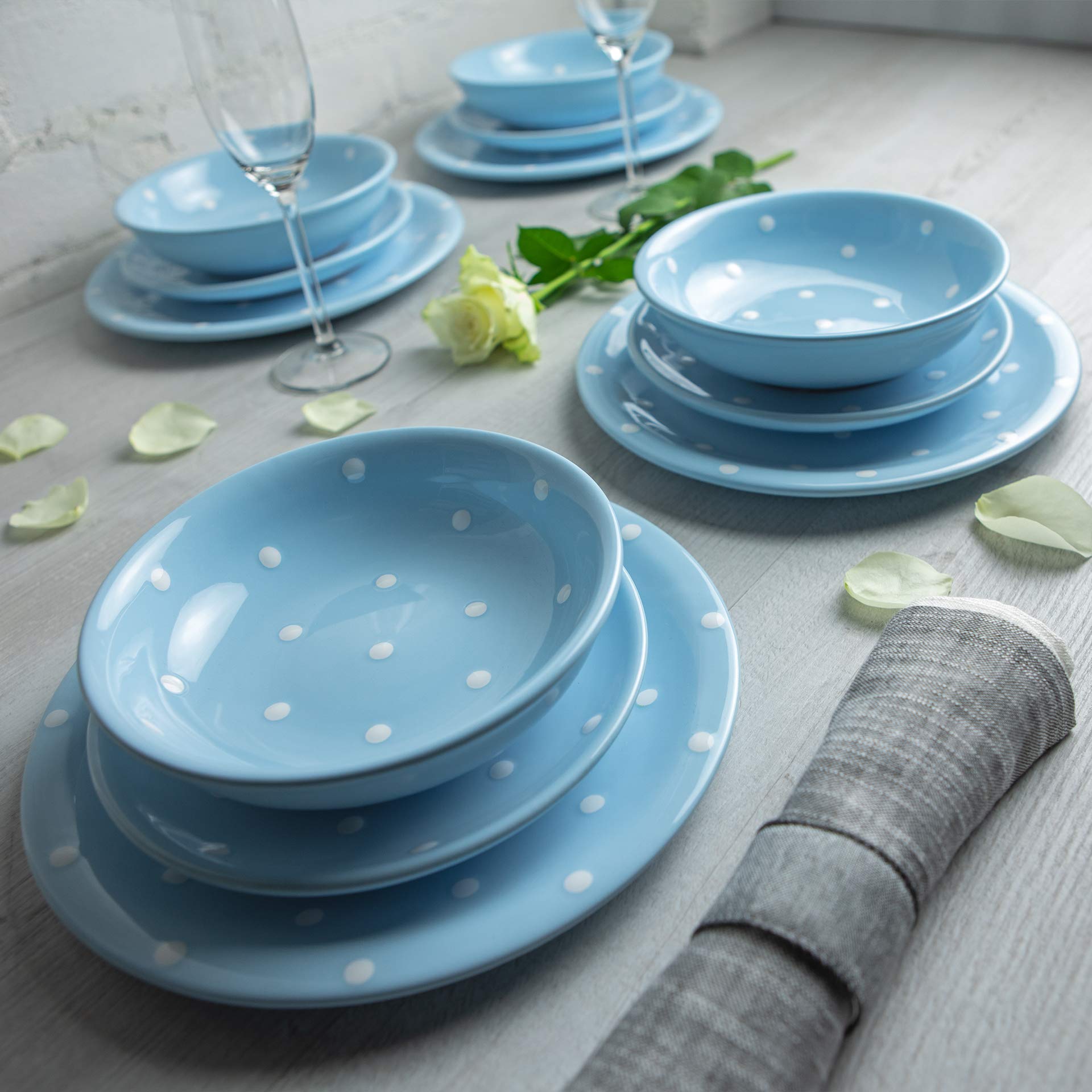 Handmade Light Sky Blue and White Polka Dot Ceramic Dinnerware Set - 12 Piece Pottery Tableware Service for 4 (Dinner Plates, Side Plates, Bowls) | Elegant Housewarming Gift by City to Cottage® | Perfect for Casual Dining, Bridal Showers & Farmhouse Decor