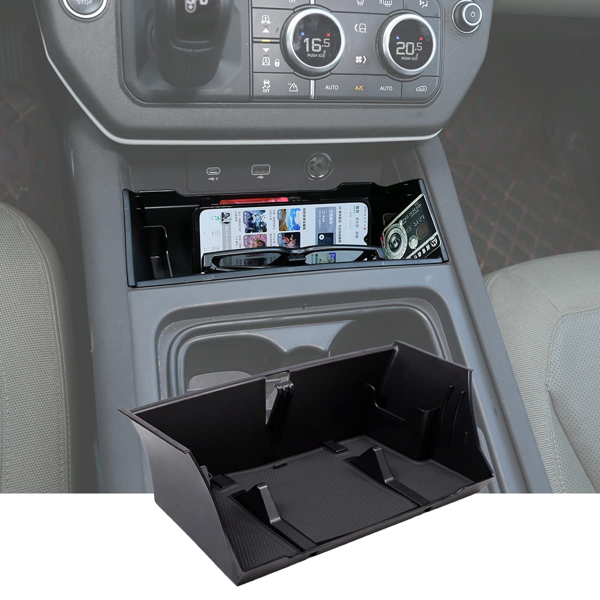 Land Rover Defender 90 110 2020-2022 ABS Black Center Console Storage Box & Phone Holder - Premium Car Accessories for Organization | Perfect for Road Trips & Off-Road Adventures
