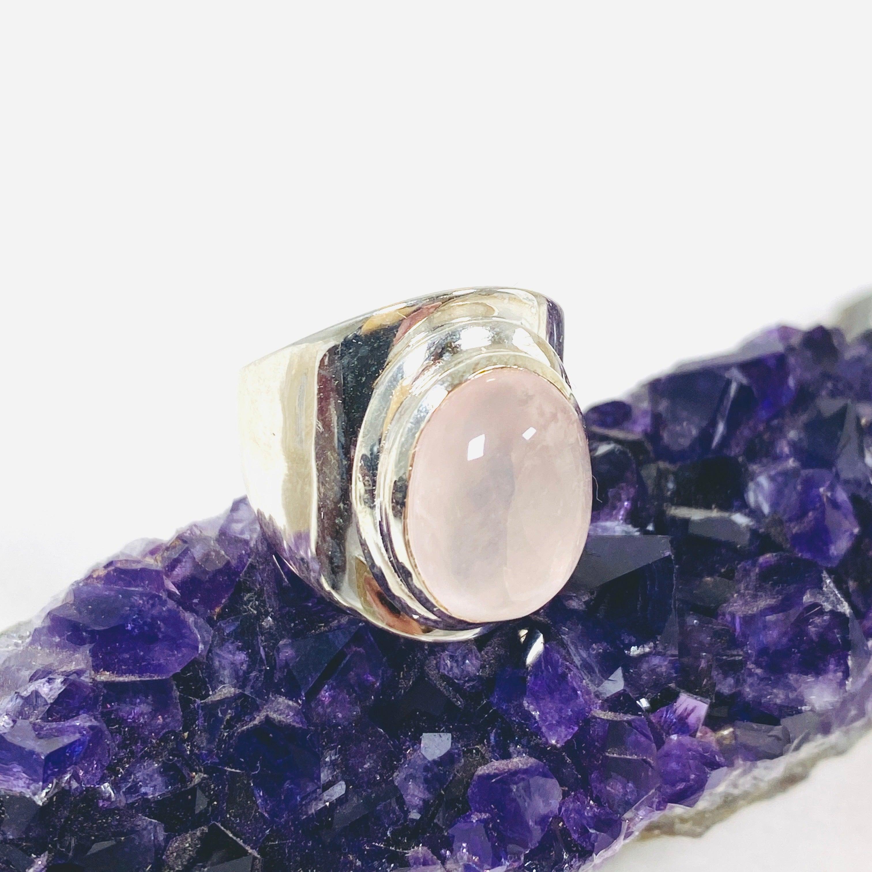 Rose Quartz Wide Band Ring R3762 RQ - Elegant Healing Crystal Jewelry for Women, Perfect for Meditation, Yoga & Spiritual Gifts
