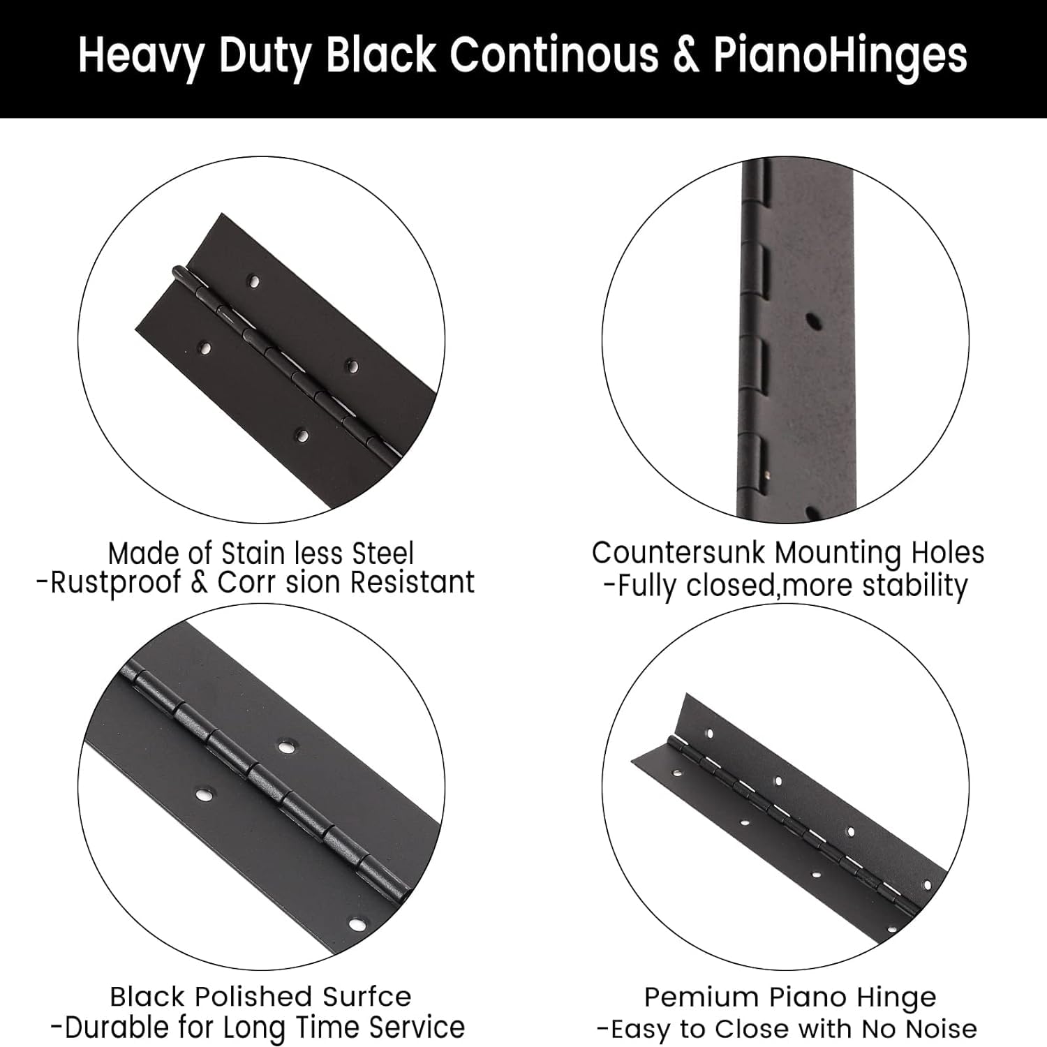 2PCS Heavy Duty 18-Inch Black Stainless Steel Piano Hinges - 0.05