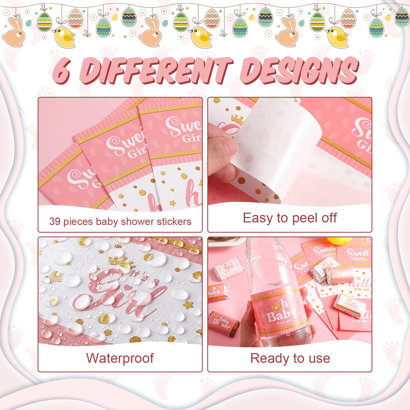 Waterproof Baby Shower Bottle Labels - 39pcs Girl Style for Party Decor