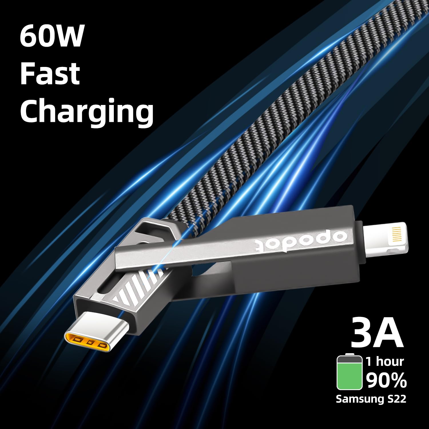 Premium 60W Fast Charging USB C to Lightning Cable - Nylon Braided iPhone Charger with 4-in-1 Multi-Port (USB C/USB A/Lightning) for iPhone 14/13/12/11/X/8 & iPad - 5ft Durable Grey Cable for Home, Office & Travel Charging