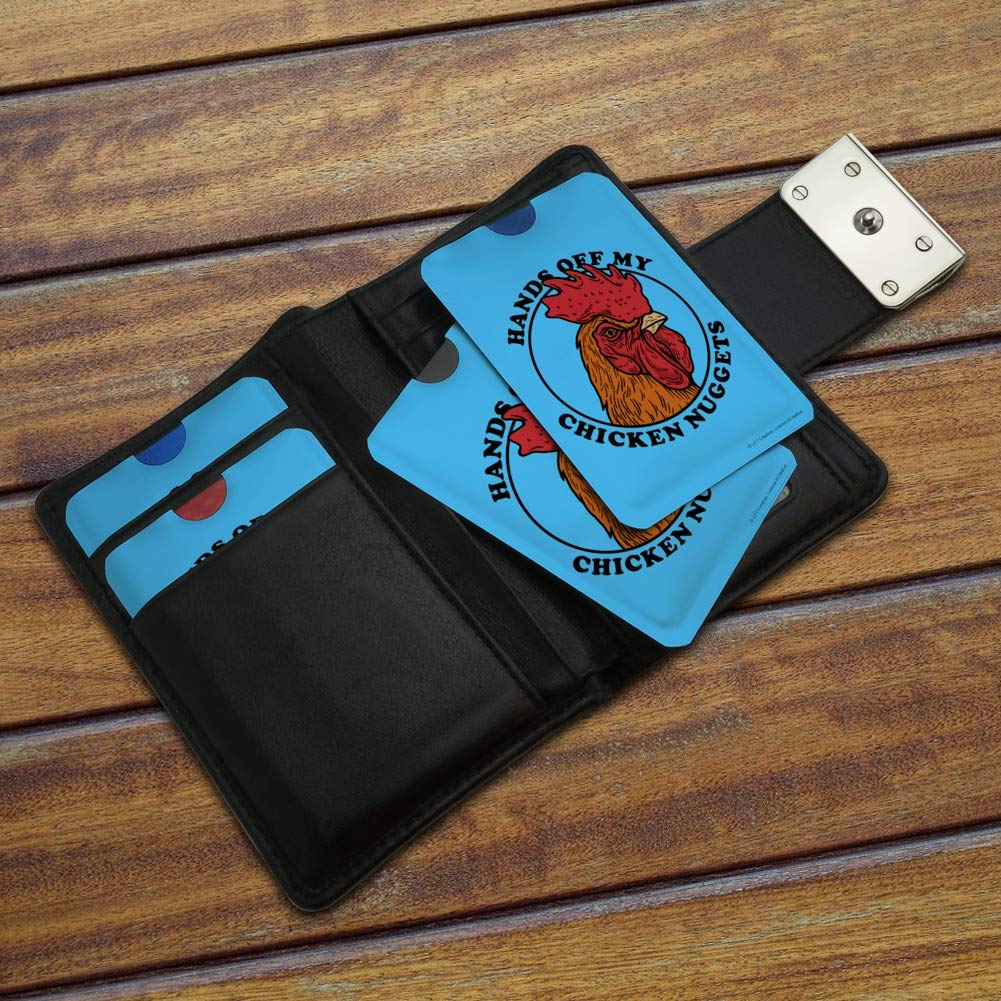 Funny RFID Blocking Wallet Sleeves - Hands Off My Chicken Nuggets Humor - Set of 4 Credit Card Protectors for Travel, Shopping & Identity Theft Protection