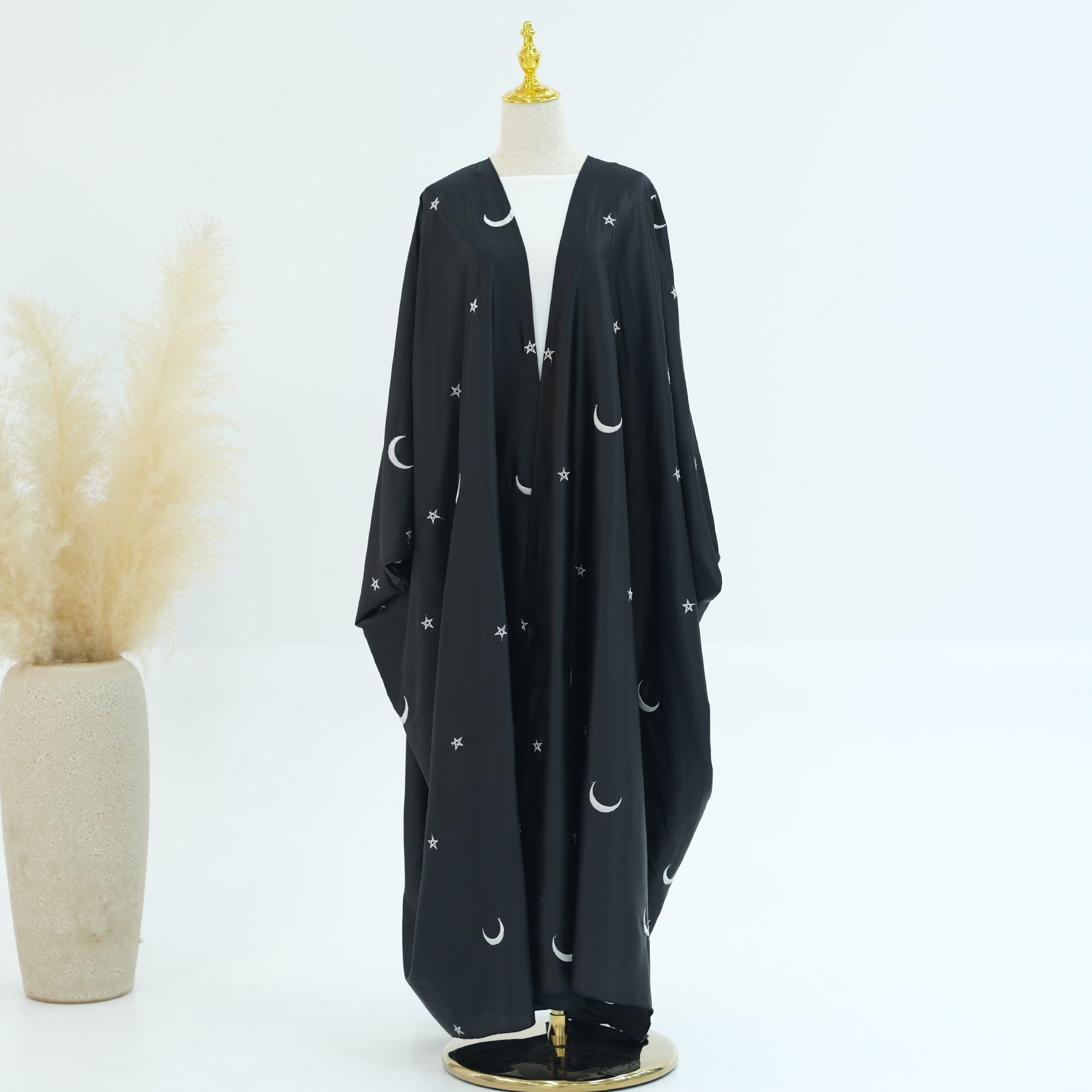 Elegant Hannah Moon Star Open Abaya - Black | Modest Muslim Prayer Dress for Women | Perfect for Prayer, Mosque, and Special Occasions