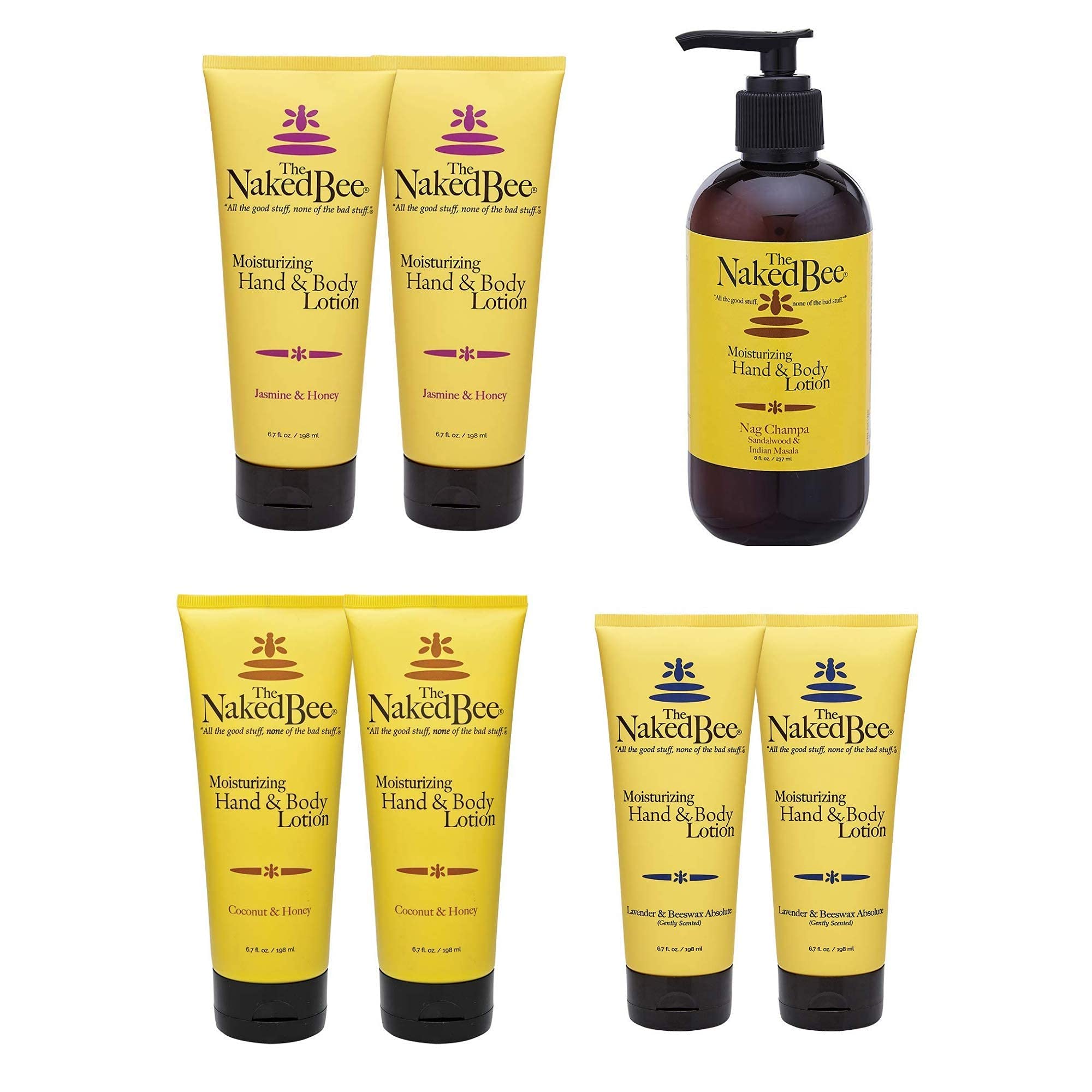 The Naked Bee Moisturizing Hand & Body Lotion Trio Set - Jasmine & Honey, Lavender & Beeswax, Coconut & Honey (6.7oz Each) + Nag Champa 8oz | Natural Skincare Gift Set for Dry Skin, Spa Day & Relaxation at Home