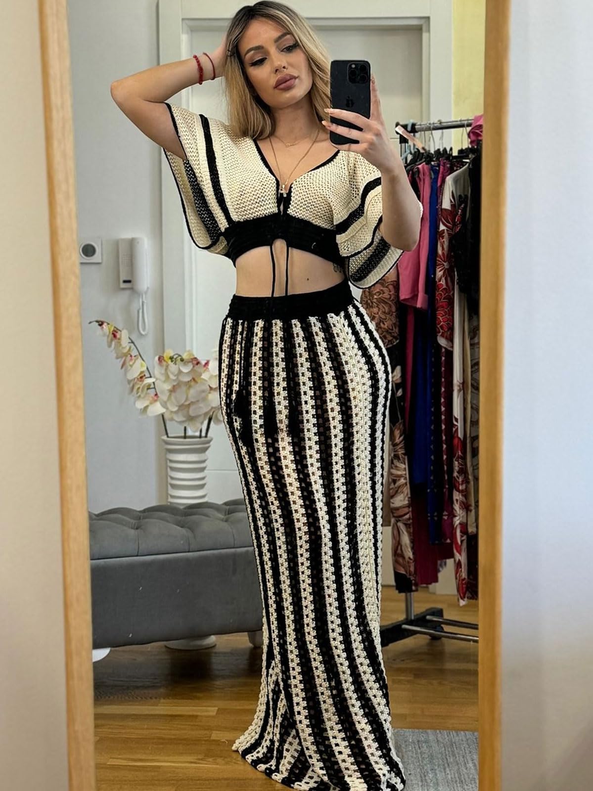 Angsuttc Women's Crochet Knit Two Piece Skirt Set - Short Sleeve V-Neck Crop Top & Maxi Skirt Outfit for Summer | Beach Vacation, Date Night, Casual Wear
