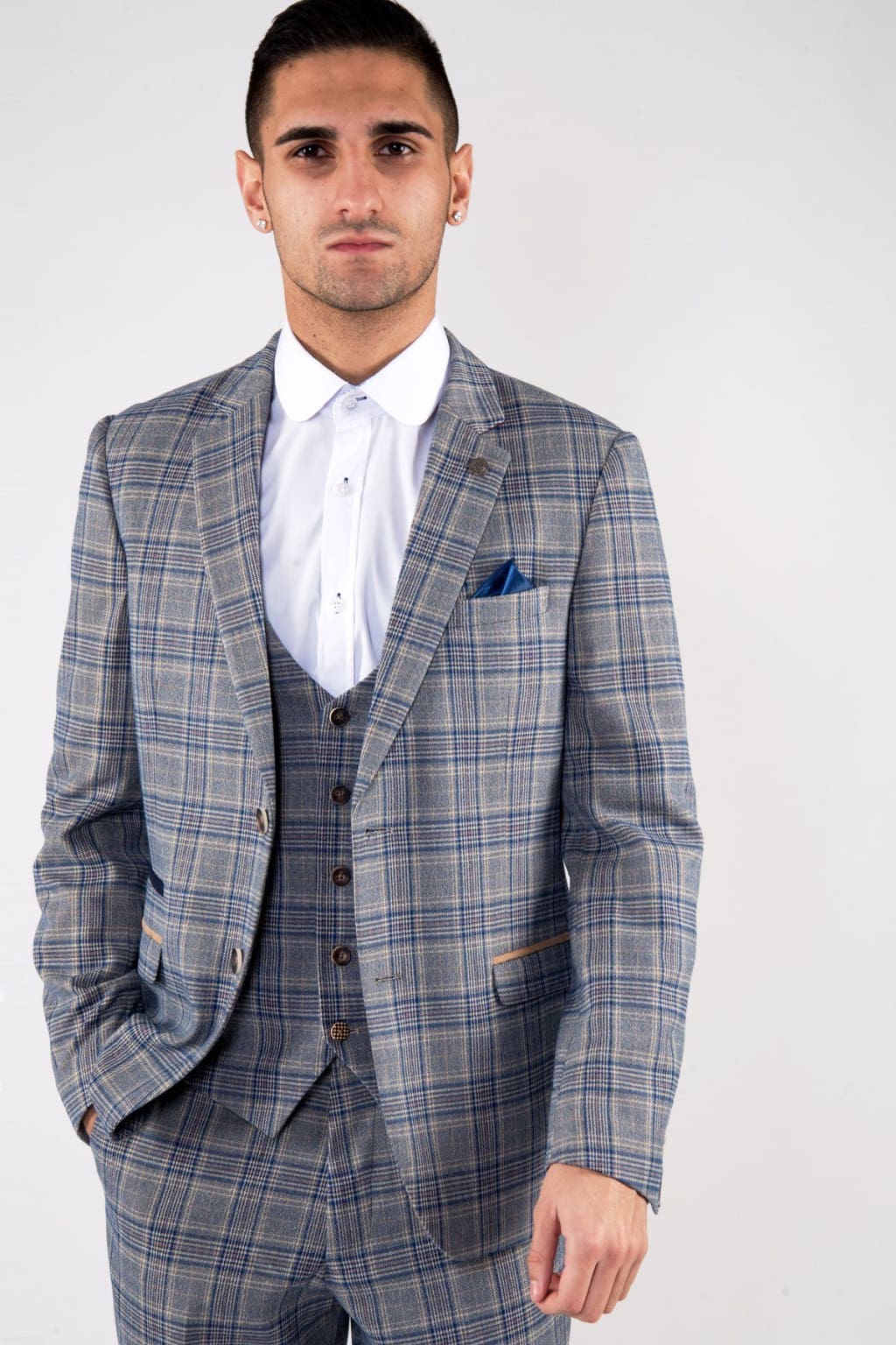 Marc Darcy Enzo Blue Stone Tweed Check Blazer for Men - Stylish Slim Fit Formal Jacket - Perfect for Business Meetings, Weddings & Office Wear