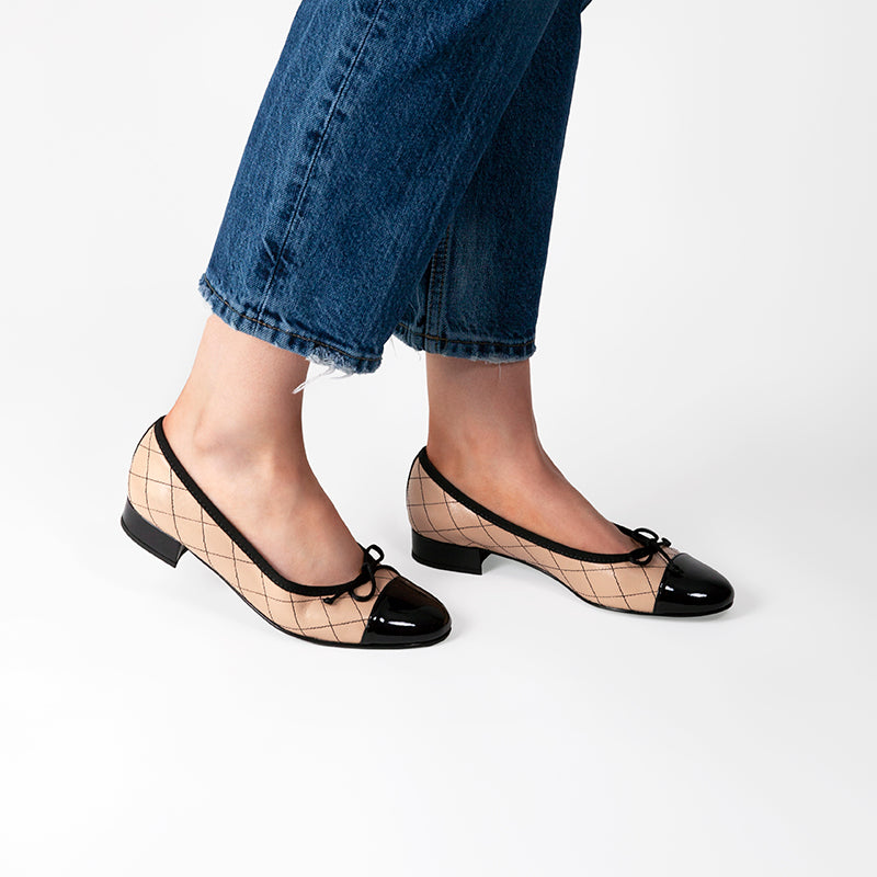 Fabucci Camel and Black Quilted Ballet Flats for Women - Comfortable Loafers for Work, Travel & Casual Outfits