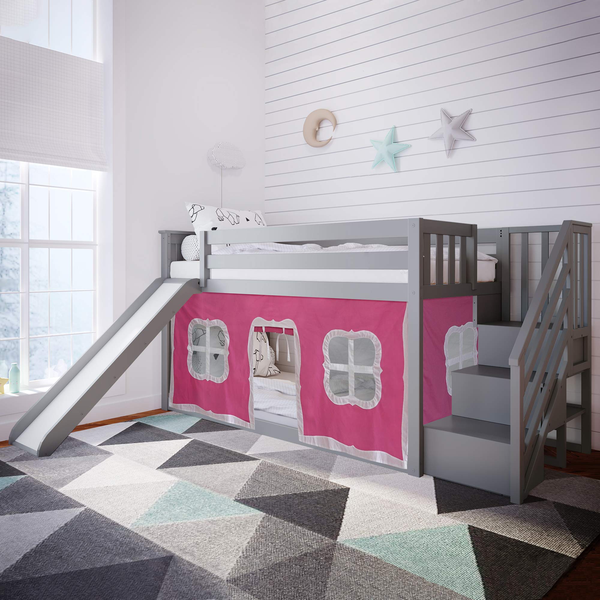 Max & Lily Low Bunk Bed with Stairs & Slide - Twin Over Twin Kids Bed Frame with Bottom Curtains in Grey/Pink - Perfect for Small Bedrooms, Playrooms & Sleepovers