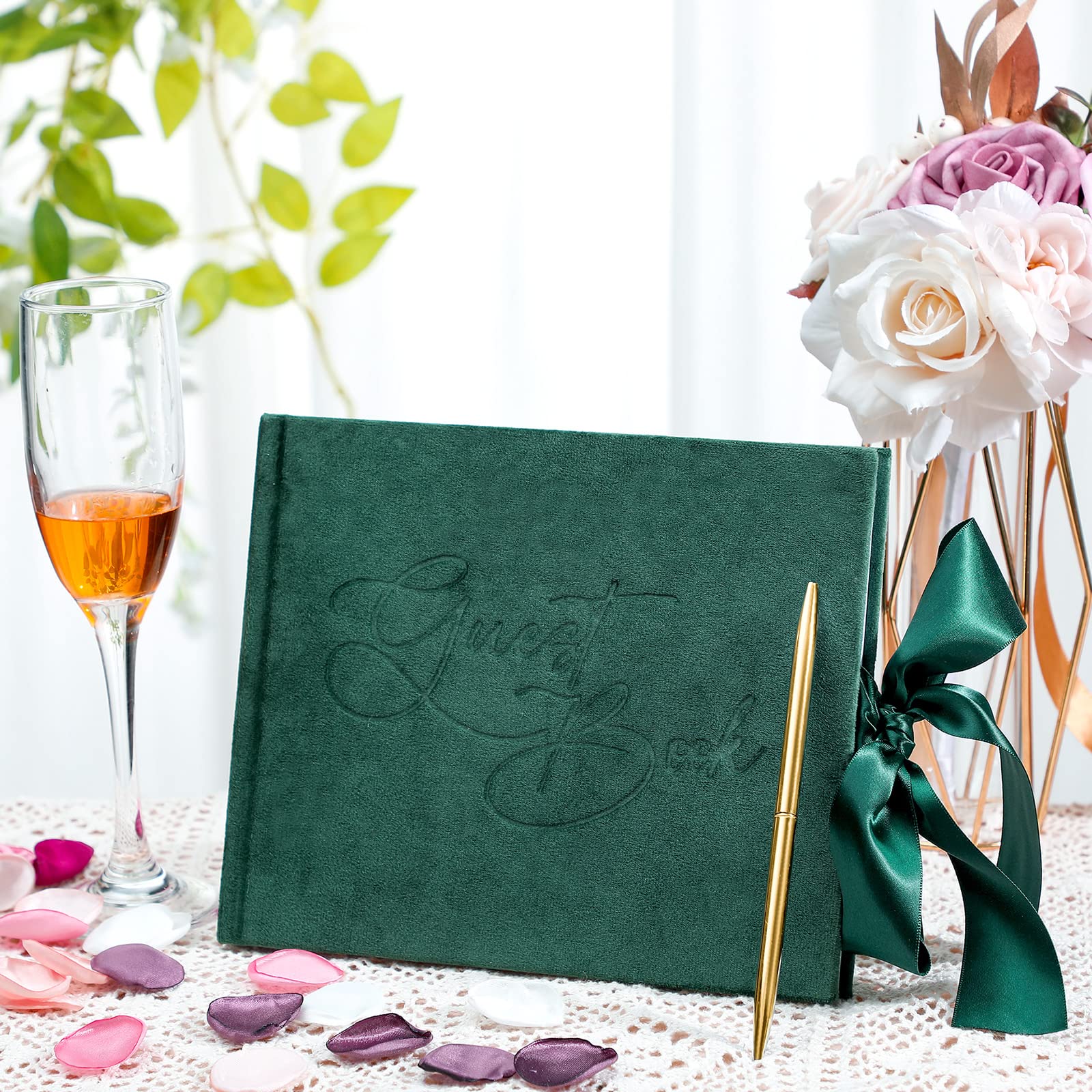 Elegant Green Velvet Wedding Guest Book with Pen - 144 Page Sign-in Book for Bridal Showers, Receptions & Anniversary Parties - Perfect for Wedding Memories & Special Event Guest Signatures