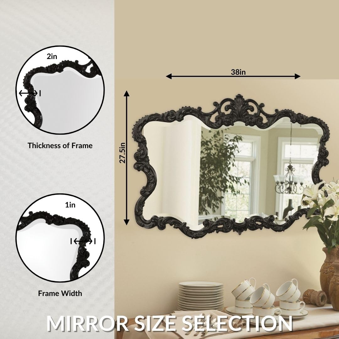Howard Elliott Antiqued Talida Mirror - Ornate Rectangular Wall Mirror with Resin Frame, Glossy Black (27