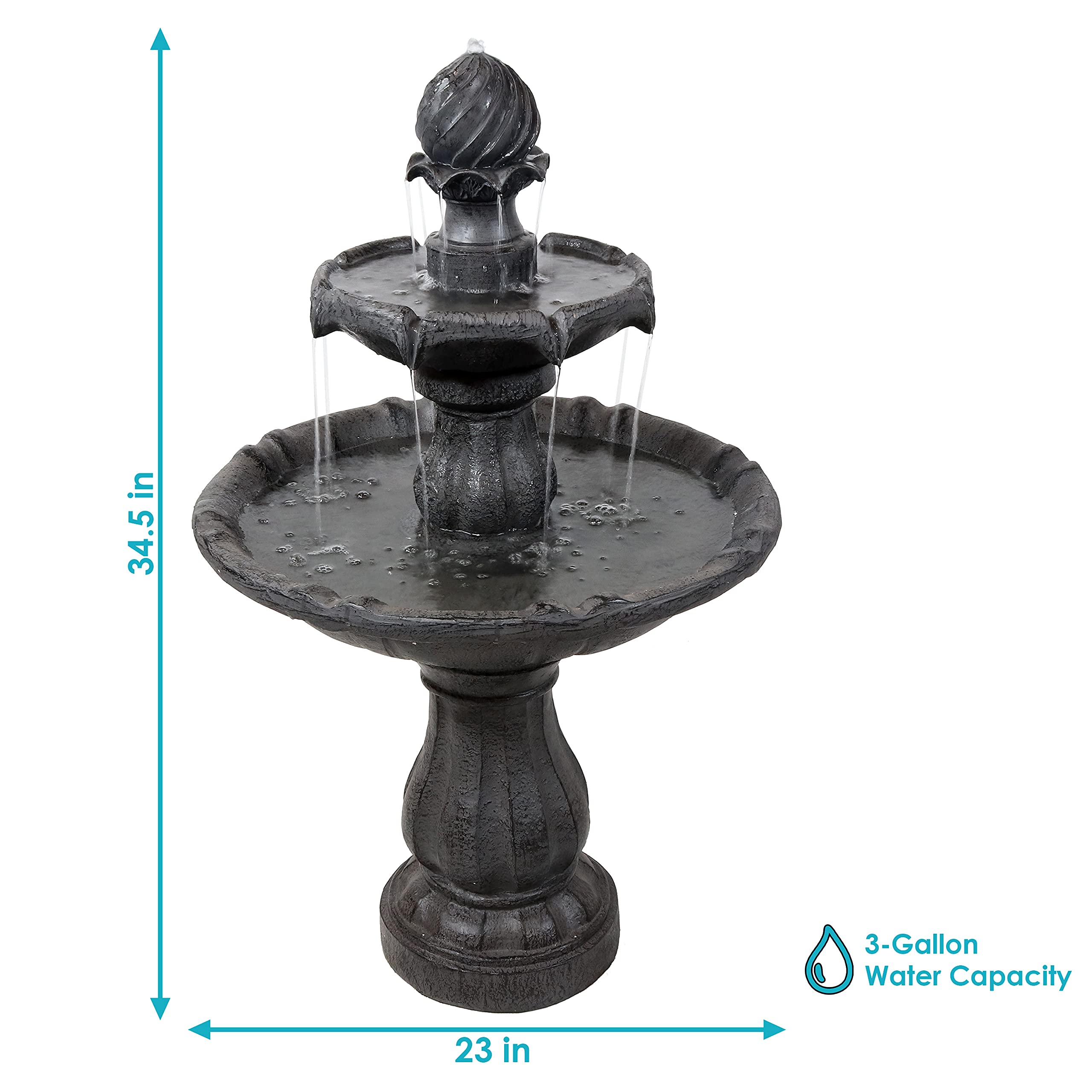 Sunnydaze 35-Inch 2-Tier Solar Water Fountain with Battery Backup - Outdoor Water Feature Pump for Garden, Patio, Yard Decor - Black