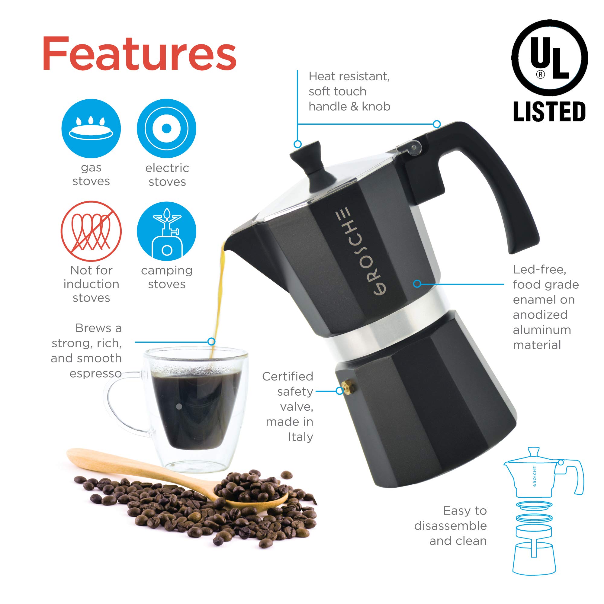 GROSCHE Milano Stovetop Espresso Maker - 3 Cup Moka Pot (5 oz) - Italian Coffee Maker for Cuban Coffee, Black - Perfect for Home, Camping & Gifts
