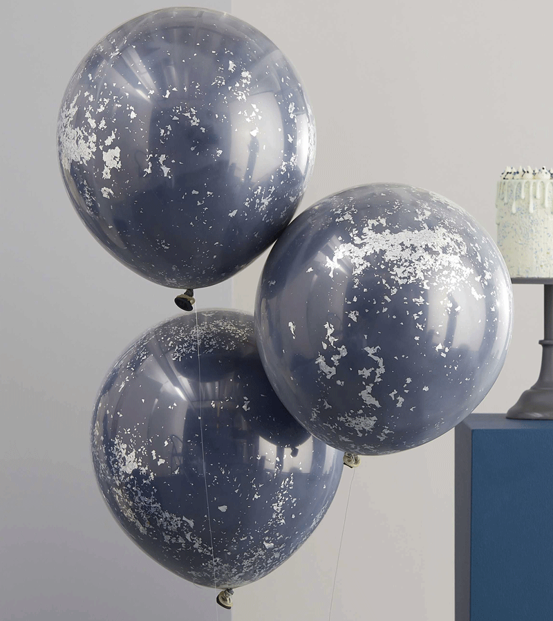 Premium Double Layered Navy & Silver Confetti Balloons Set - Party Decorations for Weddings, Birthdays & Baby Showers - Ginger Ray Brand Balloon Bundle