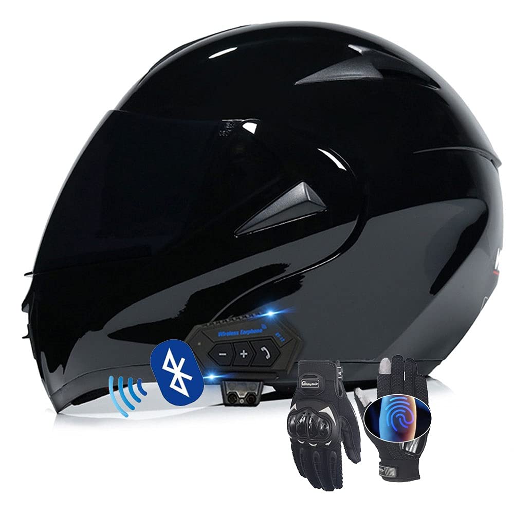 **DOT Certified Modular Bluetooth Motorcycle Helmet for Adults - Full Face Flip Up Design, Dual Lens Visor, Adjustable Fit (55-62cm) - Black, XL (61-62cm) - Ideal for Commuting, Touring & Adventure Riding**