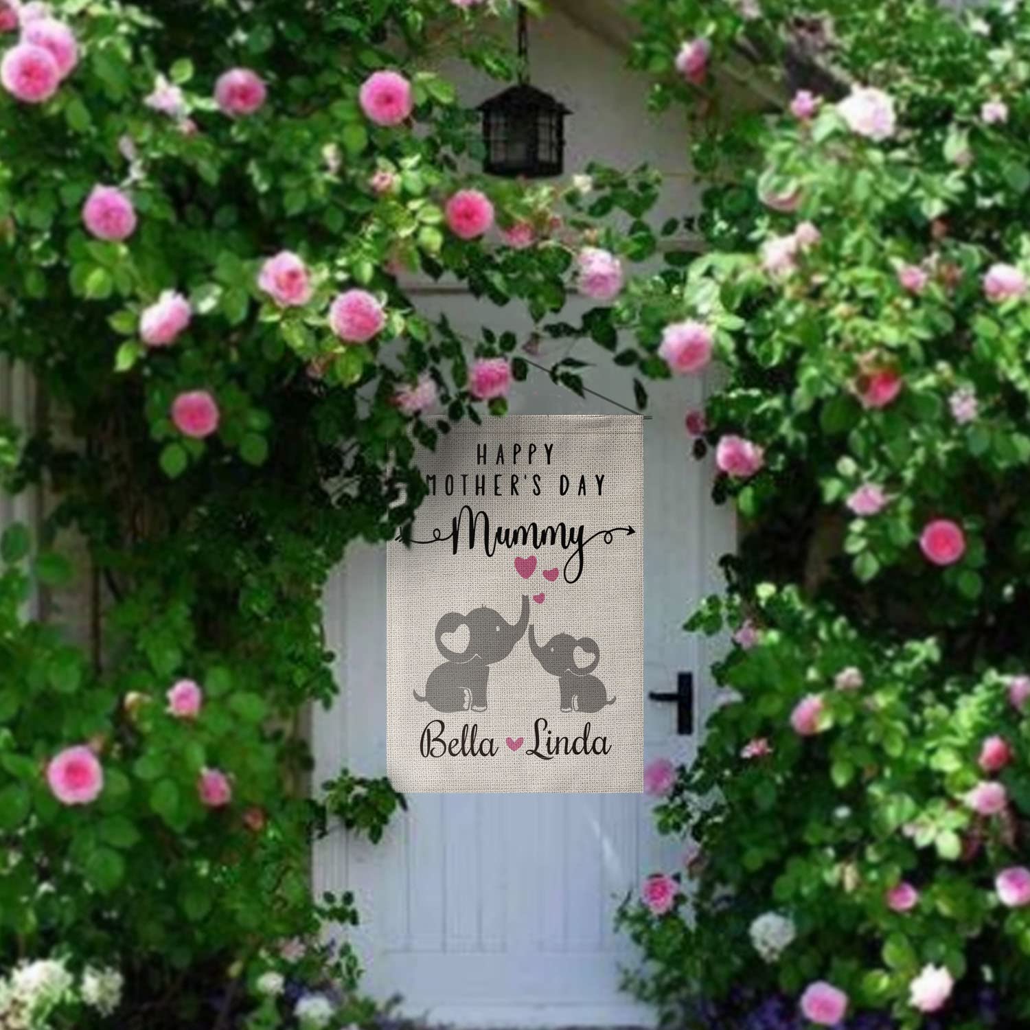 Personalized Mother's Day Garden Flag - Custom Name Elephant Design for Mom & Daughter - Double Sided 12x18 Inch Rustic Farmhouse Burlap Outdoor Decoration - Perfect for Yard, Porch, and Garden Decor