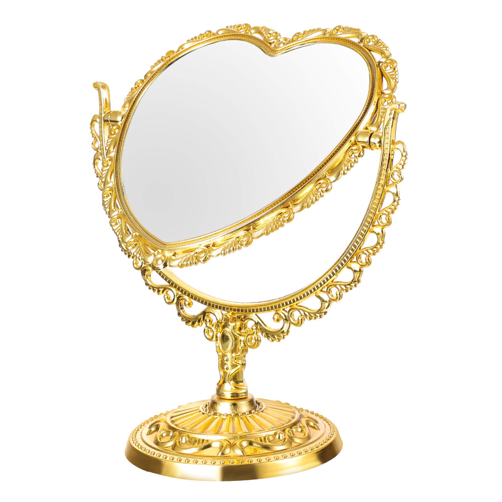 Beaupretty Coquette Heart-Shaped Vanity Mirror - 360° Rotating Two-Sided Tabletop Makeup Mirror with Stand, Retro Gold Cosmetic Mirror for Dressing Table & Bedroom Decor