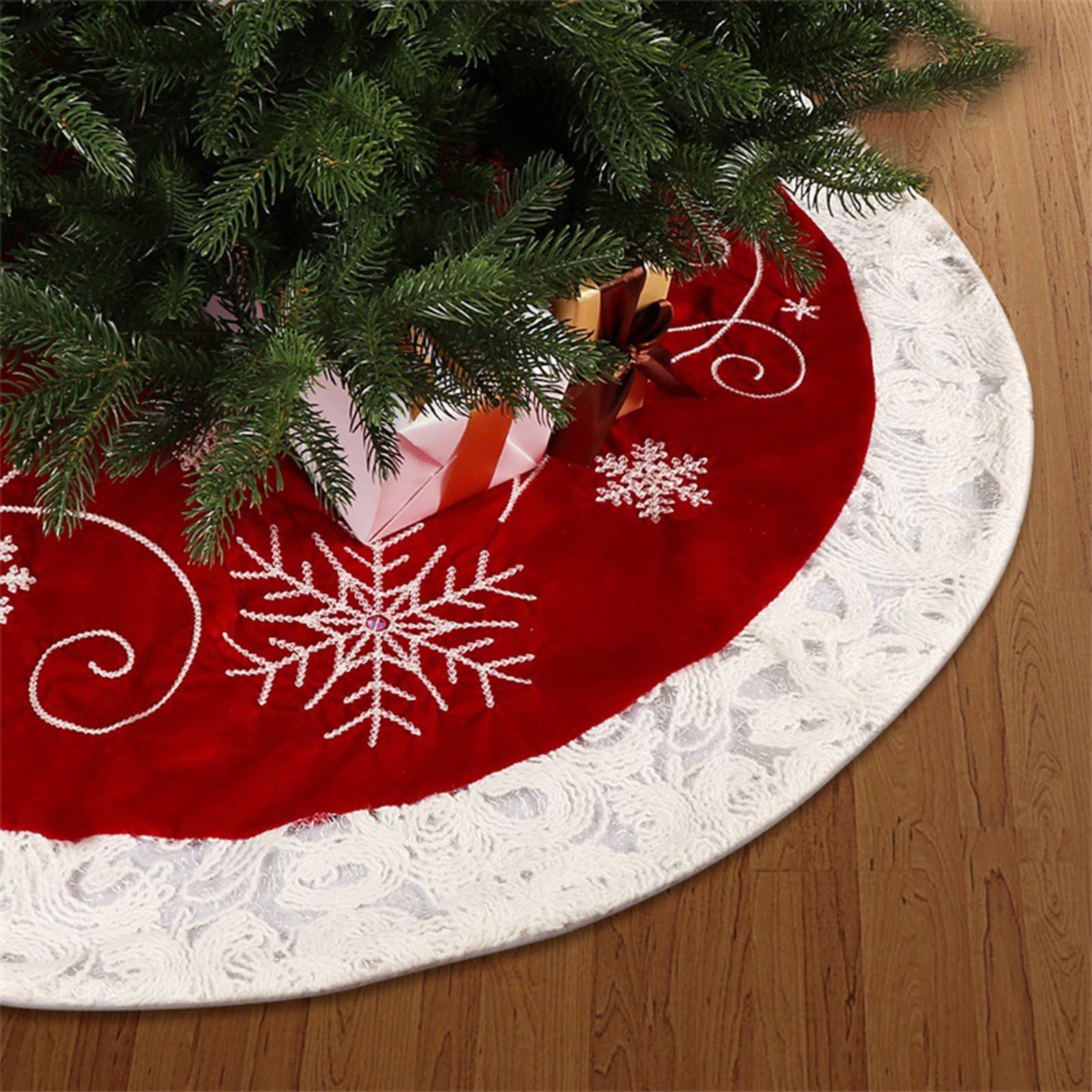 48 Inch Red Velvet Christmas Tree Skirt with Snowflake Sequin Embroidery & White Trim - Holiday Decor for Indoor/Outdoor Xmas Parties, Home Decorations & Festive Celebrations