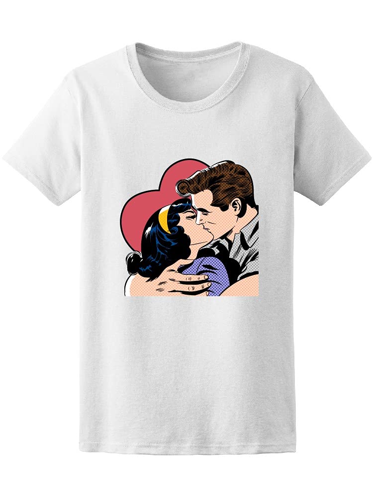 Pop Art Comic Kissing Couple Graphic T-Shirt for Women - White Cotton Tee | Casual Streetwear, Date Night Outfit, Gift for Girlfriend